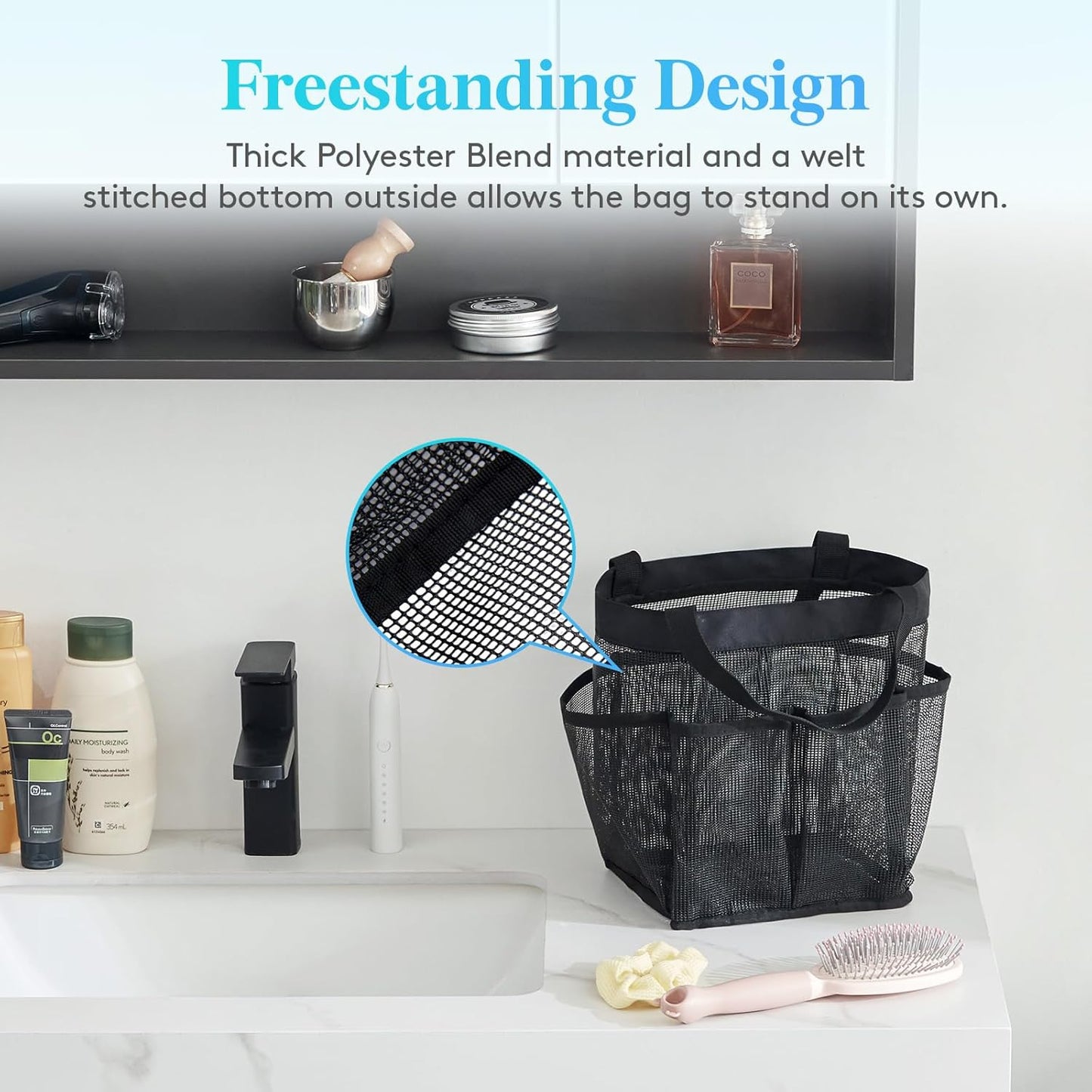 Lifewit Mesh Shower Caddy Freestanding Portable Shower Tote Bag for College Dorm, Bathroom, Gym, Travel, Quick Dry Hanging Organizer with 7 Storage Pockets for Toiletry Essentials, Medium,Black