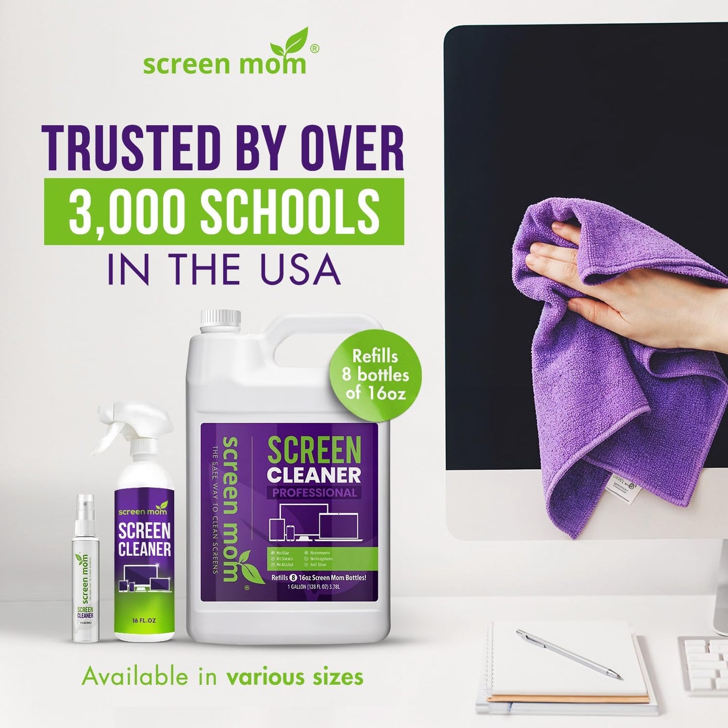 Screen Cleaner Spray and 4 Microfiber Cloths Bundle 8oz & 2oz, by Screen Mom, Eyeglasses or Monitor Screen Cleaner Spray and Wipe, Electronic Cleaner Spray, Car Screen Cleaning Kit