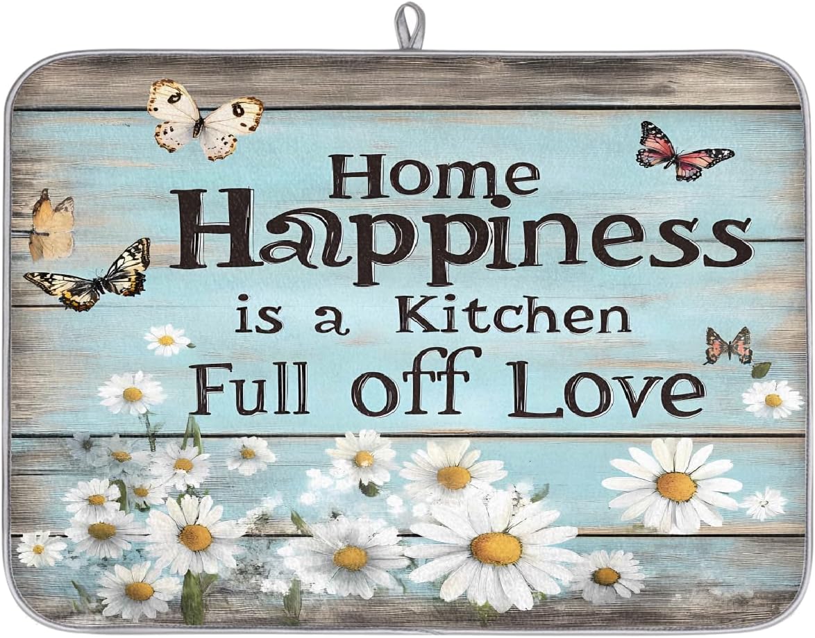 Dish Drying Mat Rustic Wood Quote Daisy Flowers Large Drying Mat for Kitchen Counter 18x24in Absorbent Dish Drainer Rack Pad, Heat Resistant Coffee Bar Mats Countertop Protector