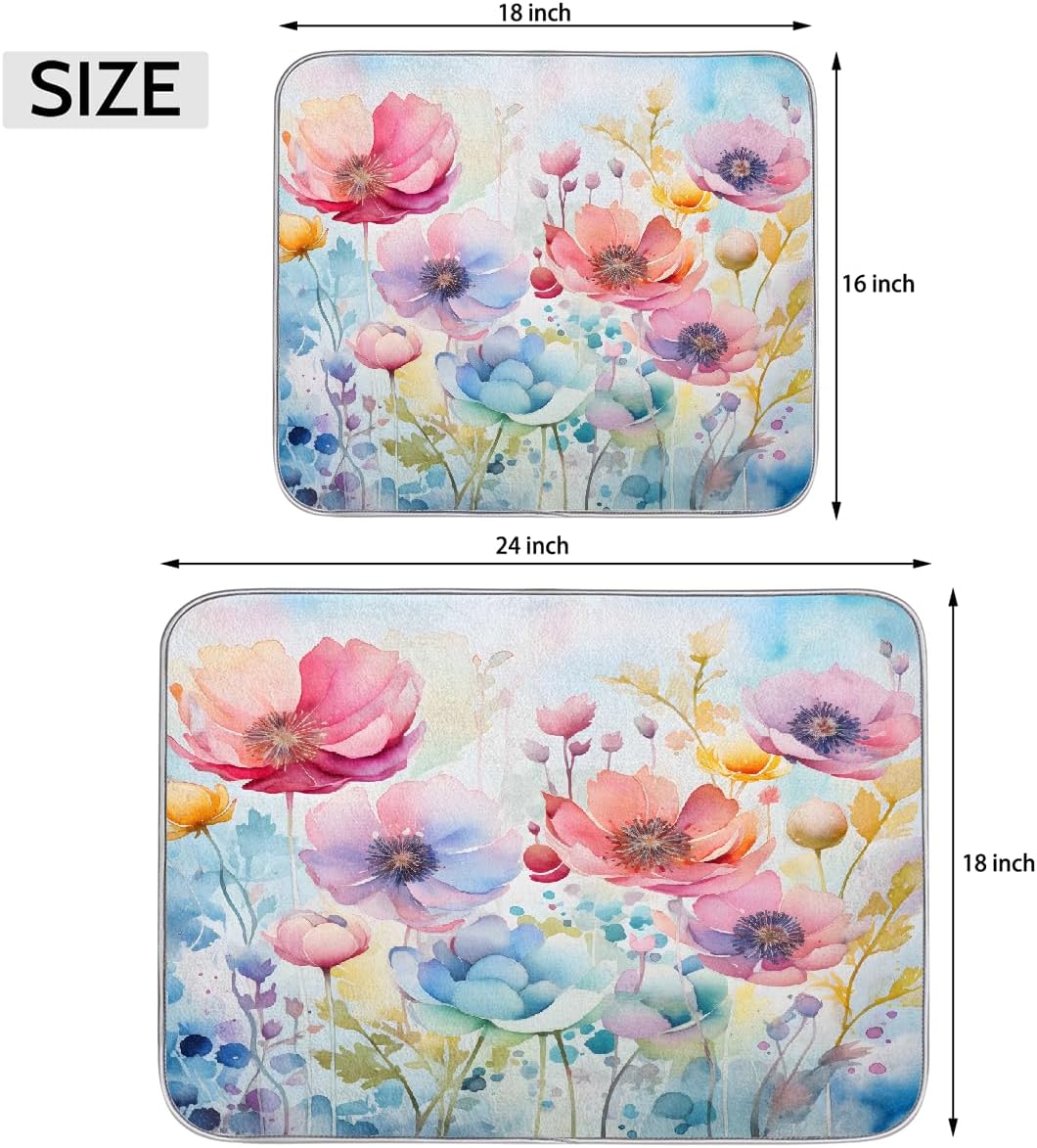 Dish Drying Mat Watercolor Spring Colorful Flowers Large Drying Mat for Kitchen Counter 18x24in Absorbent Dish Drainer Rack Pad, Heat Resistant Coffee Bar Mats Countertop Protector
