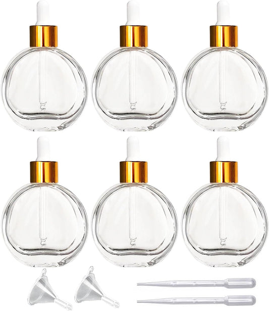 6Pcs, 2 oz Glass Dropper Bottles for Essential Oils,60ml flat round perfume bottle with Eye Droppers,for Essential Oils,Perfumes, Serums - Leakproof for Travel (Clear)