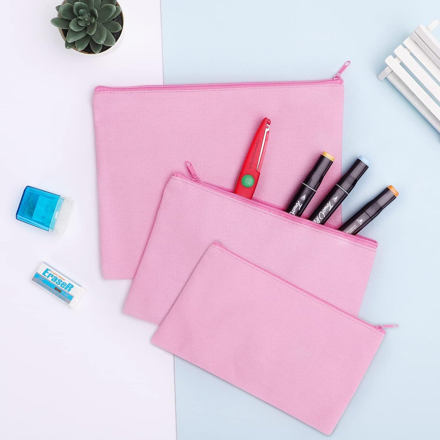 12 Pieces Cotton Canvas Makeup Bag, Multipurpose Cosmetic Bag with Zipper Travel Toiletry Pouch, Blank DIY Craft Bag (Pink, L)