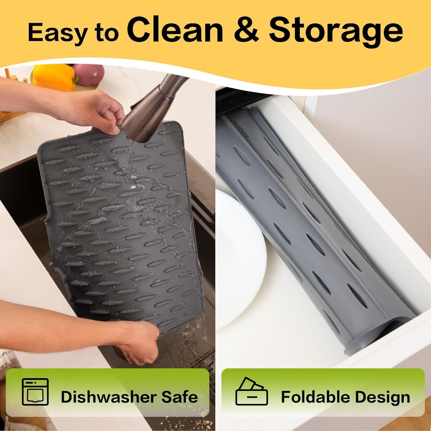 CHIKILLA Silicone Dish Drying Mat for Kitchen Counter, Fast Drainage Design for Vegetables Fruits, Heat Resistant, Non-Slip , Dishwasher Safe – 15.7x13 inch Graphite Gray