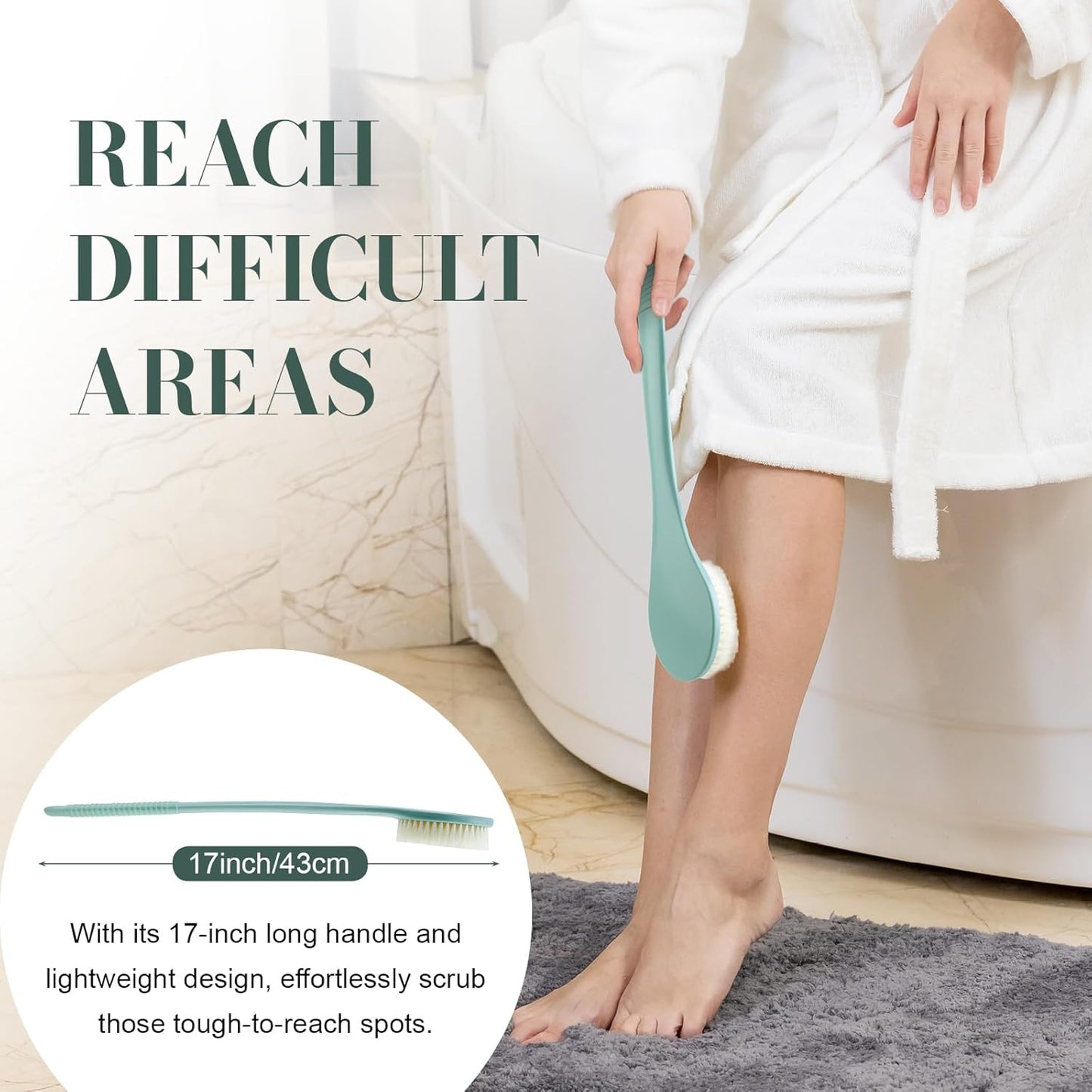 Back Scrubber for Shower, Shower Body Brush for Cleaning with Long Handle for Showering, 17 Inch Back Washer Exfoliator for Shower Men Women with Non-Slip Handle, Adhesive Hook (Pea Green)