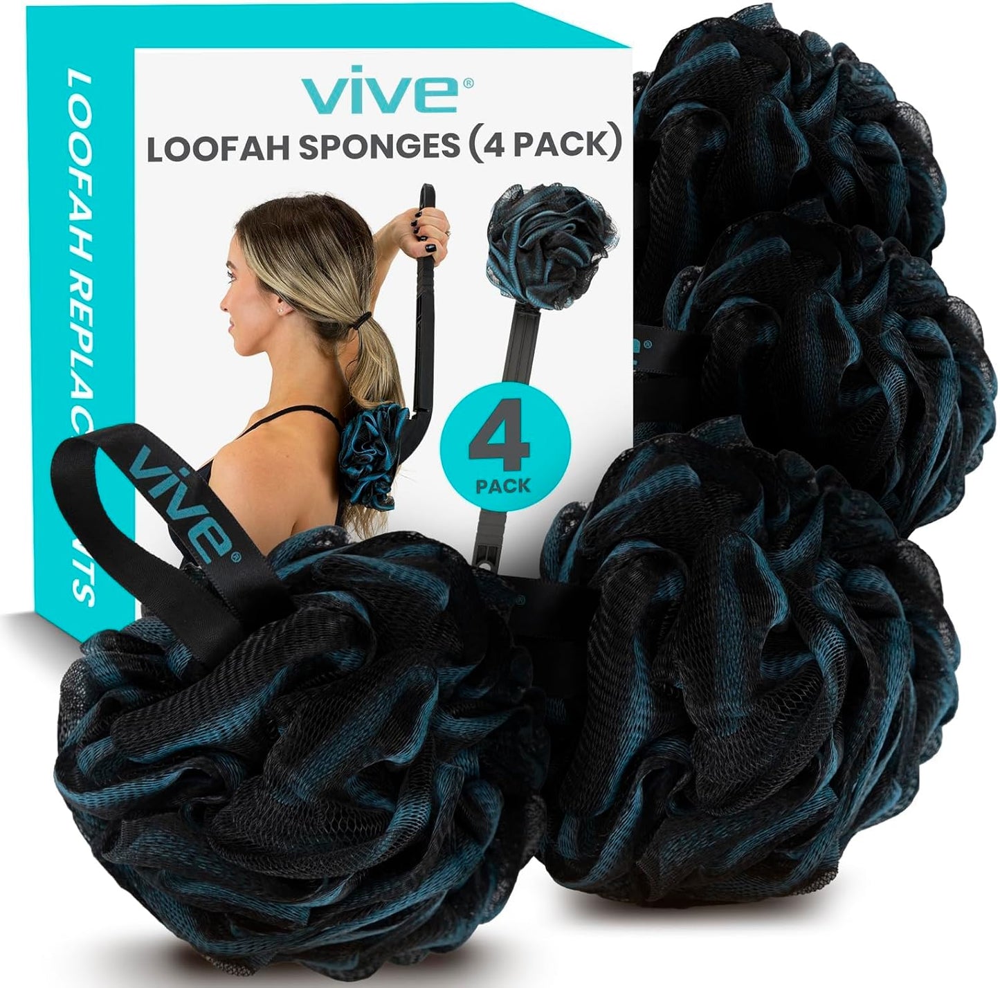 Vive Loofah Sponge Replacement (4 Pk) Shower & Bath Pouf Scrubber for Back & Body Exfoliation, Works with Vive Interchangeable Loofa Handle Long Brush (Replacement Sponge Black and Blue (4 Pack), 4)