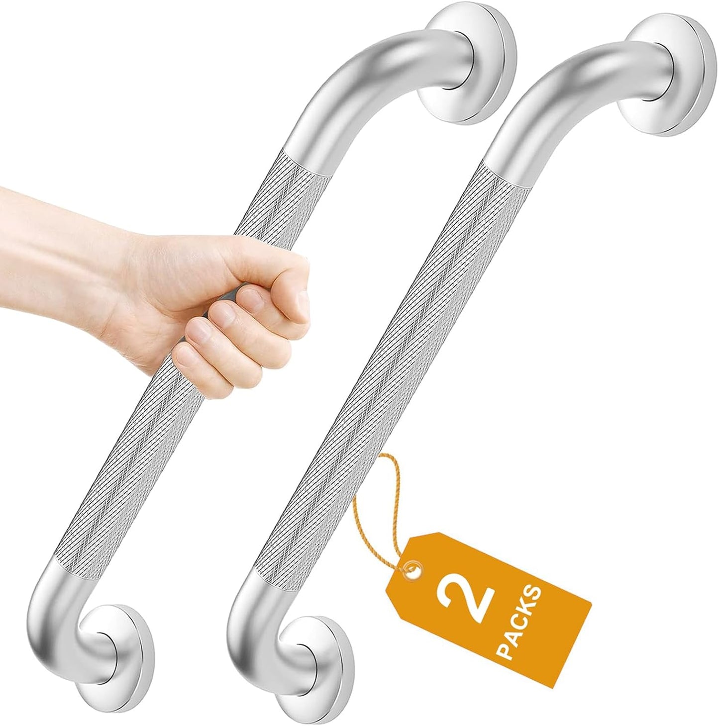 FANHAO 2 Pack Shower Grab Bar, 16 Inch Stainless Steel Bathroom Grab Bar with Anti-Slip Knurled Grip, Heavy Duty Shower Handle Bath Handle, Safety Bars for Elderly or Handicapped (Brushed)