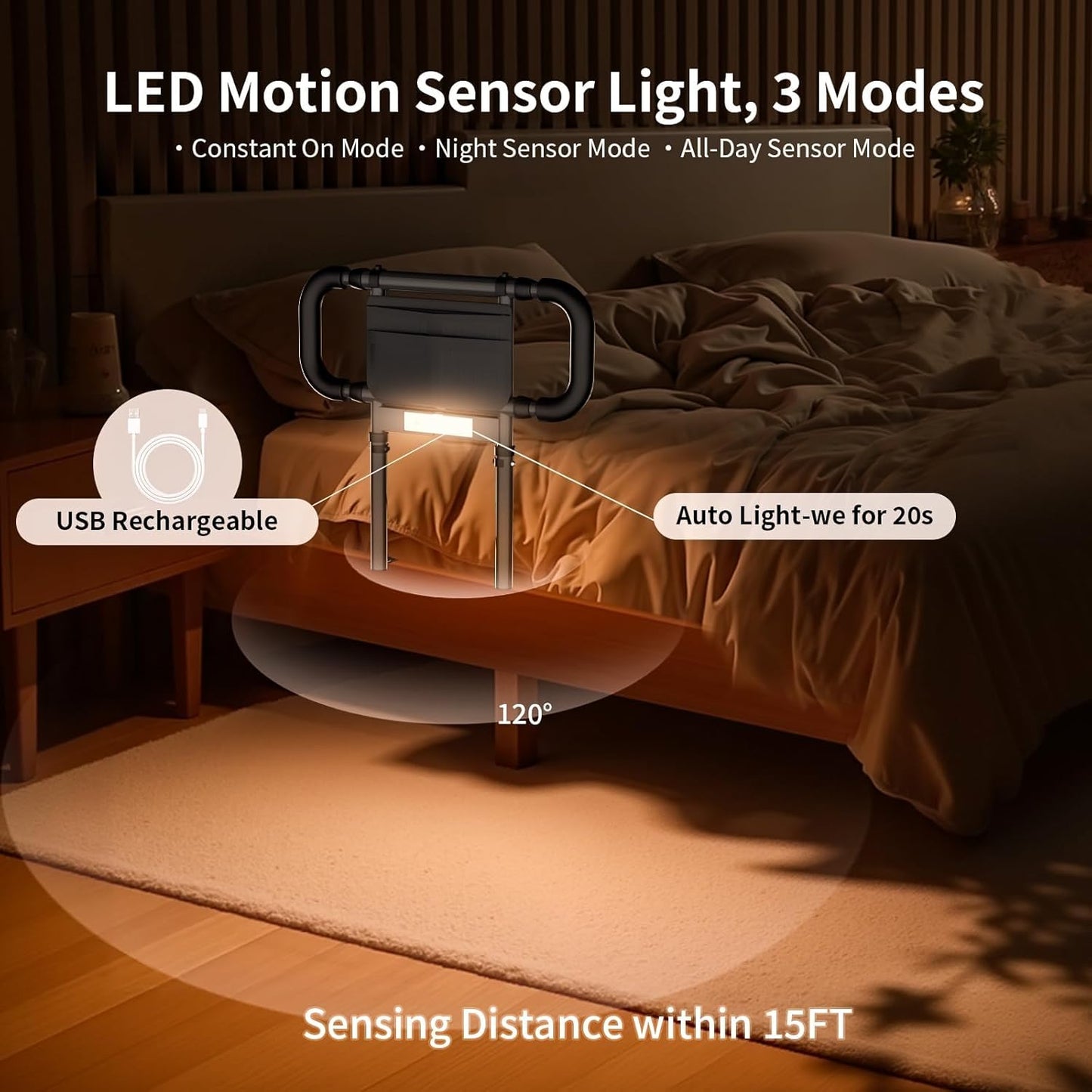 Bed Rails for Elderly Adults Safety: Elderly Assistance Products with Adjustable Double Grips, Storage Pocket, Motion Sensor Light, Items for Elderly Bed Rail, Can Withstand 300lb(Black)