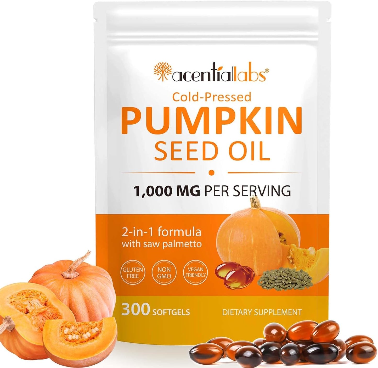 Pumpkin Seed Oil Capsules - Rich in Saw Palmetto Extract and Zinc and Essential Fatty Acids, 1000mg 300 Softgels, Promotes Hair Growth, Supports Urinary Tract, Bladder and Prostate Health
