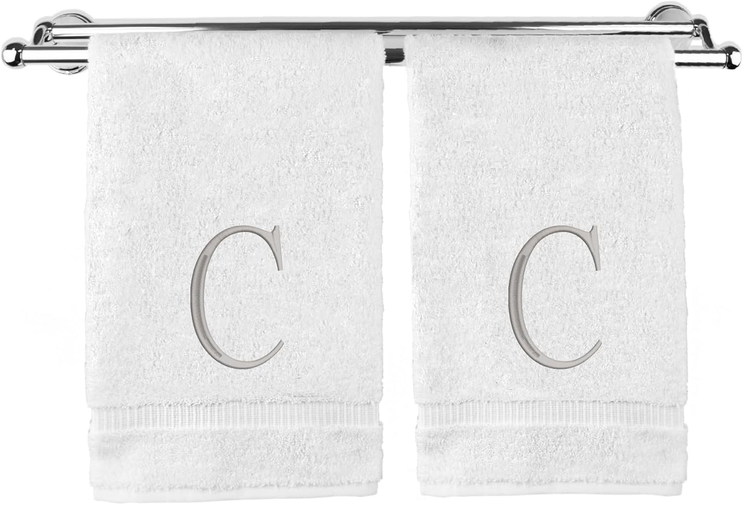 Monogrammed Hand Towel, Personalized Initial Gift, Extra Absorbent 100% Turkish Cotton - Soft Terry Finish - Set of 2 - Silver Block Initial C - Embroidered on White Towels