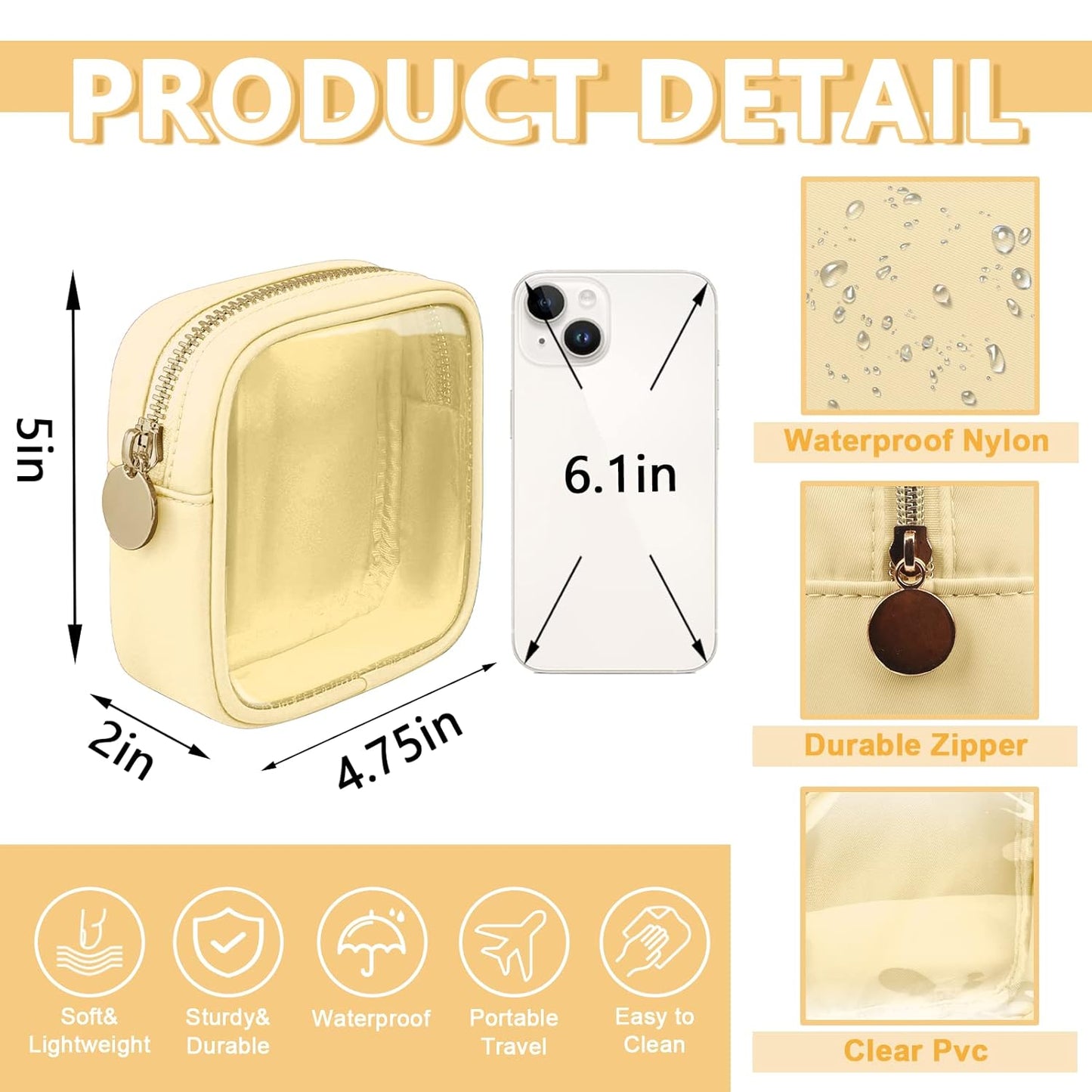 Clear Mini Makeup Bag for Purse, Small Nylon&PVC Cosmetic Bag TSA Approved Toiletry Bag with Zipper, Transparent Travel Bag Coin Purse for Women Men Girls(Beige)