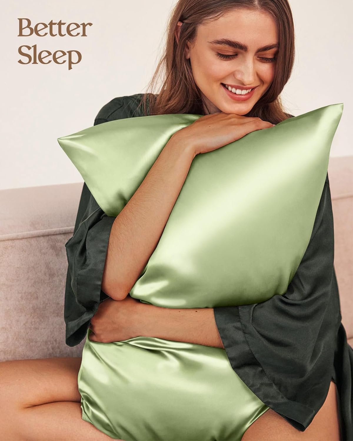 Silk Pillowcase 2 Pack - Pillow Cases Standard Set of 2 Size 20" x 26" for Hair and Skin Smooth Soft Breathable with Hidden Zipper Cooling Pillow Covers for Women, Light Green
