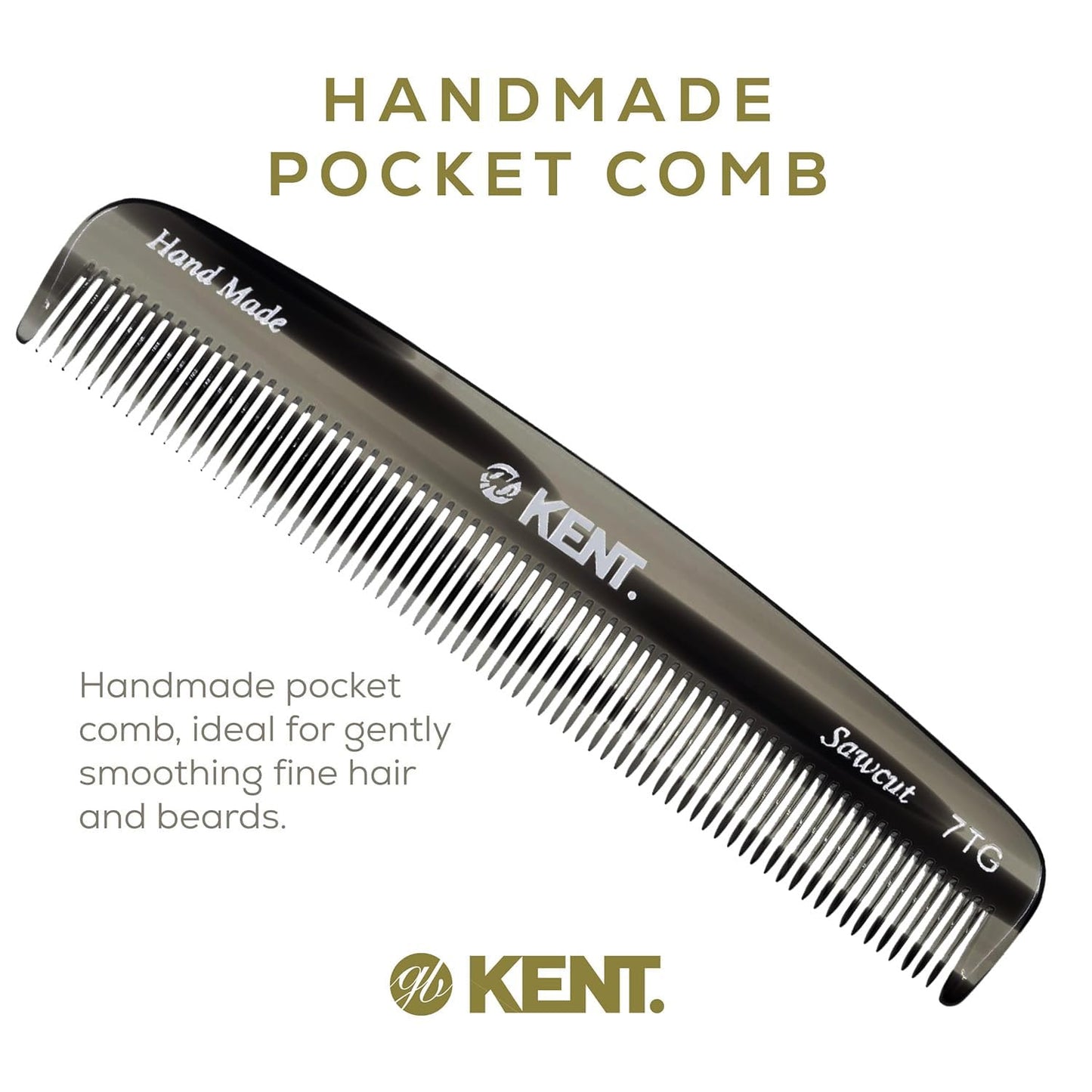 Kent 7T G All Fine Tooth Pocket Comb - Handmade Grooming Comb for Styling, Travel, Mustache and Beard Care - Saw Cut and Hand Polished