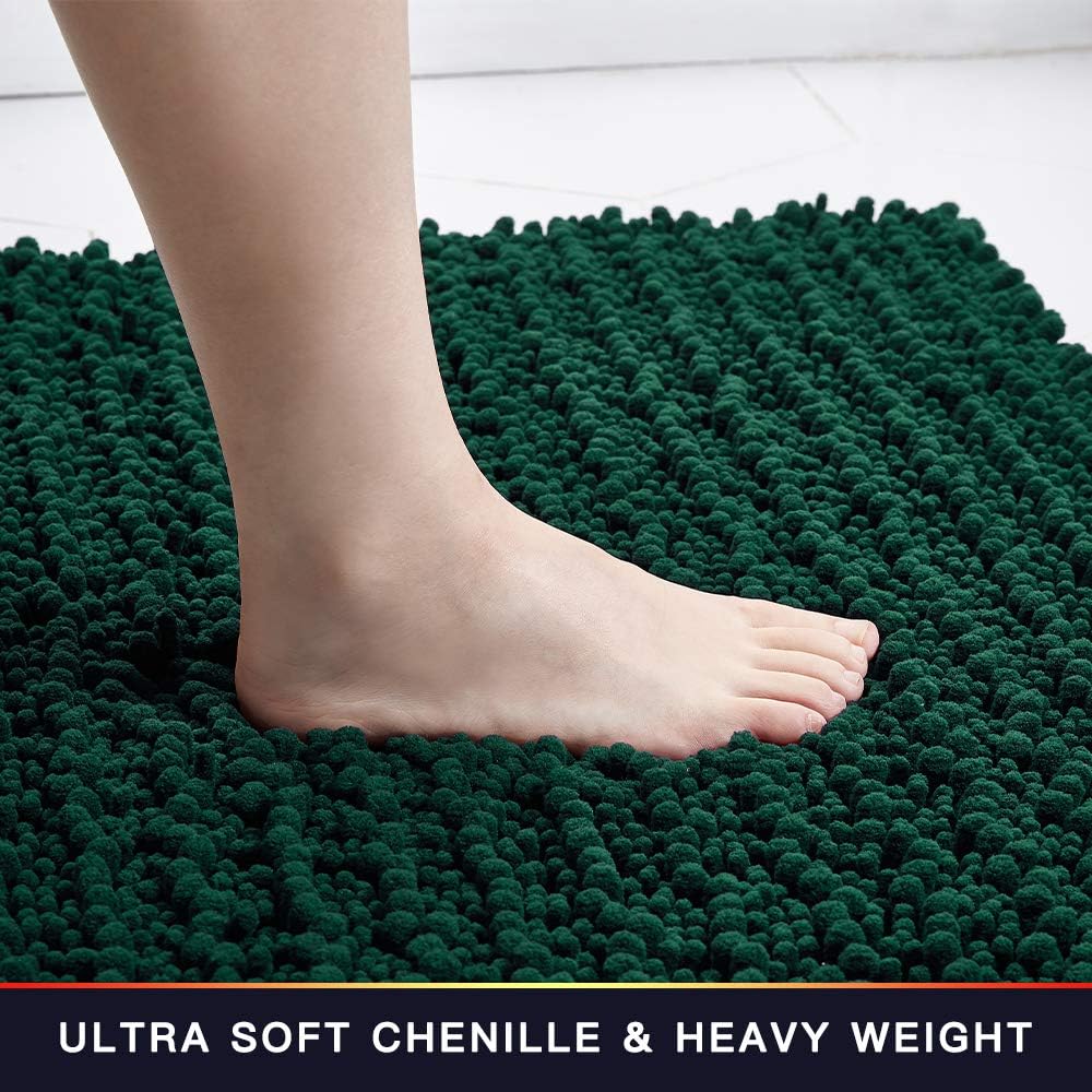 Walensee Bathroom Contour Rug Non Slip Toilet U Shaped Bath Mat (20x24, Hunter Green) Water Absorbent Super Soft Shaggy Chenille Machine Washable Dry Extra Thick Perfect Absorbant Best Plush Carpet