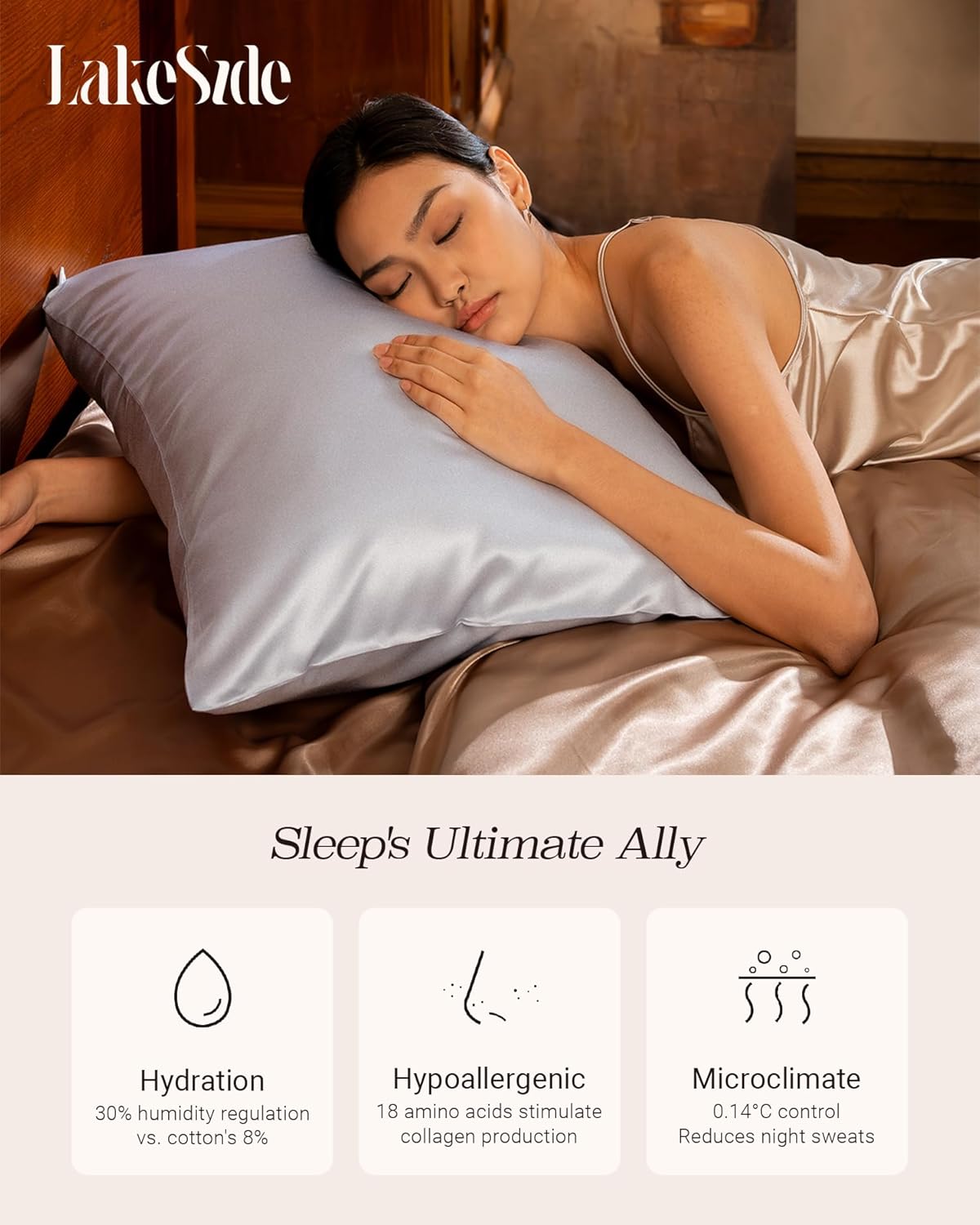 Oriental Lakeside® 100% Pure 22 Momme Mulberry Silk Pillowcase with Hidden Zipper - Nighttime Skincare & Hair Care Hydrating Pillow Cover