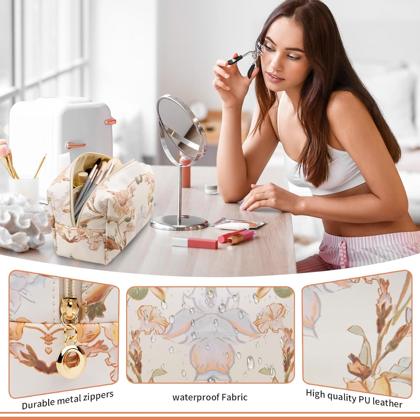 Floral Waterproof Makeup Bag, Leather Cosmetic Bag with Compartments, Zipper Make up Pouch Organizer, Portable Storage Travel Toiletry Bag Gifts for Women Girls(Pink Flower)