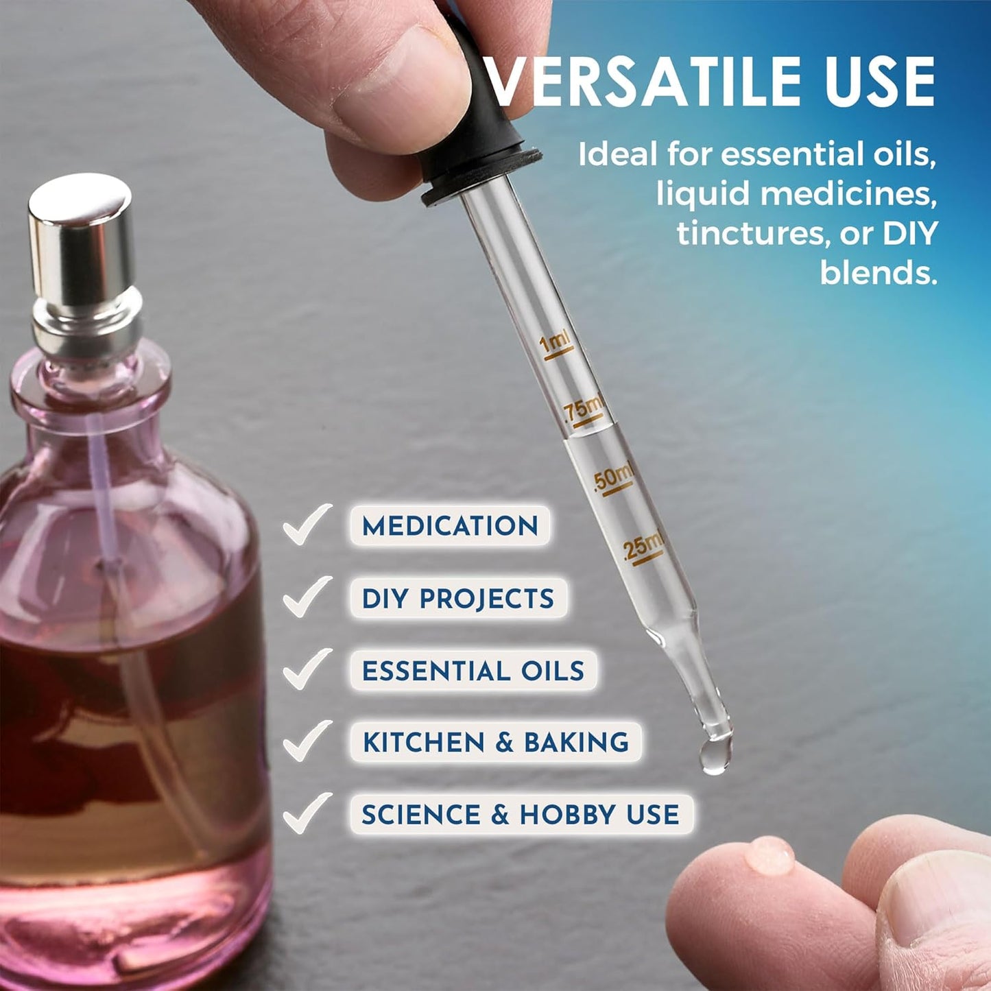 MEDca Eye Dropper - (Pack of 2) Bent & Straight Tip Calibrated Glass Medicine Droppers for Medications or Essential Oils Pipette Dropper for Accurate Easy Dose and Measurement (1 mL Capacity)