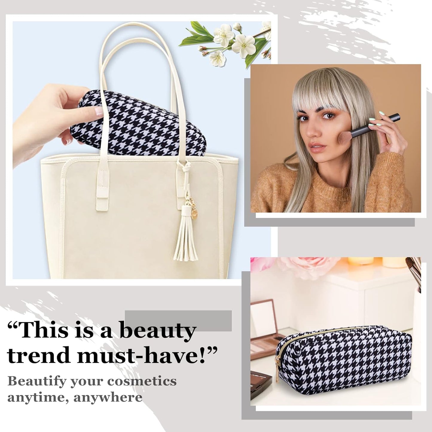 Nylon Slim Makeup Bag, Cute Makeup Brush Case, Preppy Cosmetic Zipper Pouch for Purse, Travel Toiletry Bag Clutch Coin Pouch Make Up Organizer for Women Girls (Black Houndstooth)