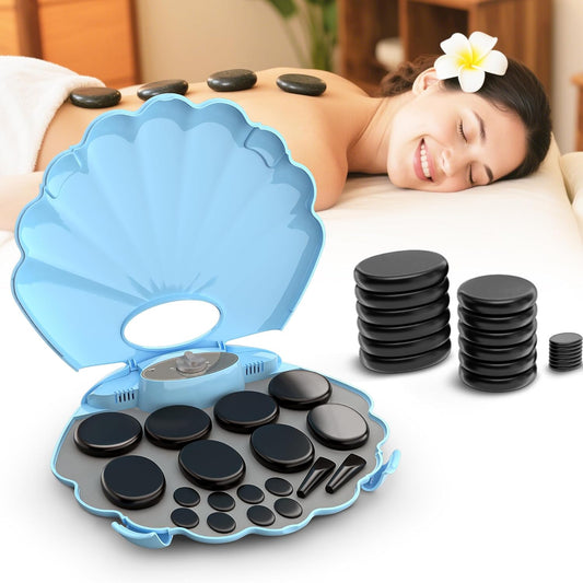 Shell Hot Stones Massage Set, 18-Piece Basalt Hot Stones with Heater Kit, Featuring an Elegant Seashell Design for Spa Use. Perfect for Relaxation, Healing, and Pain Relief. （Blue）