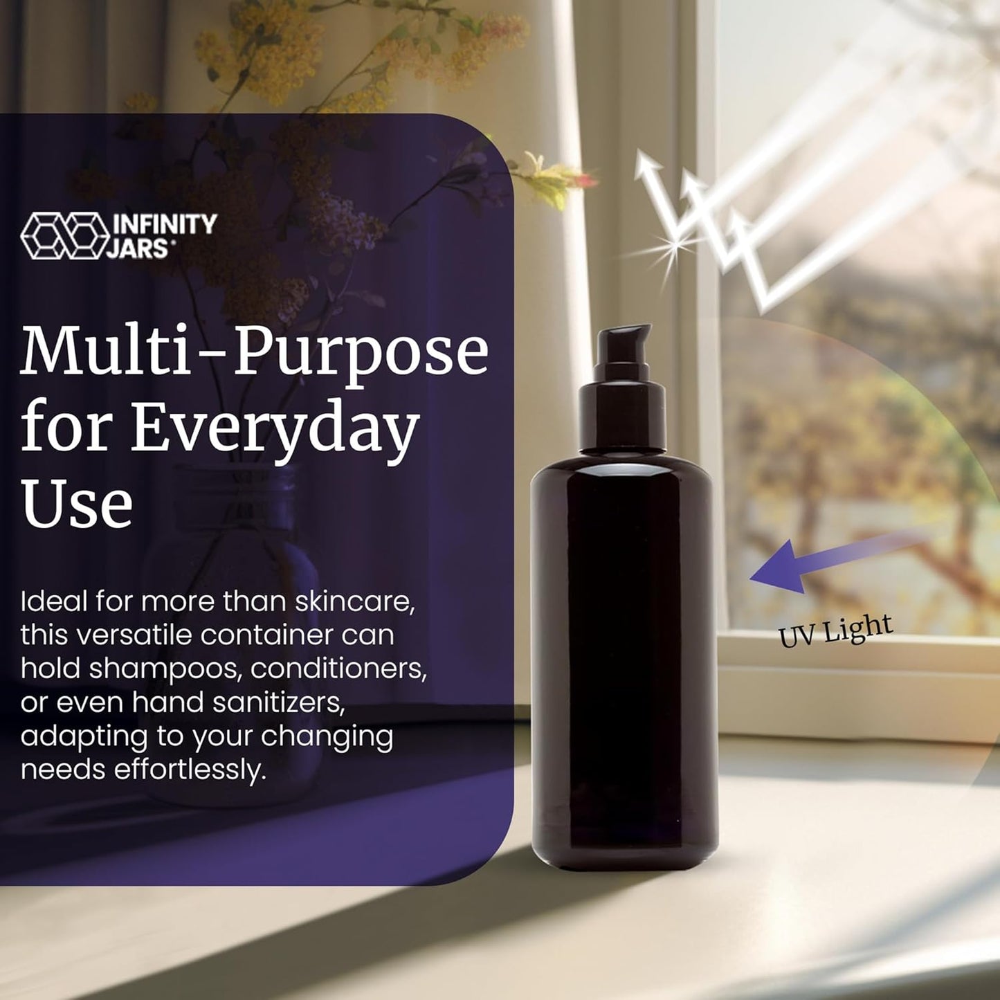 Infinity Jars 200 Ml (6.8 fl oz) Refillable Ultraviolet Black Glass Pump Bottles Leak-Proof Travel Containers for Toner, Sanitizer, Beard Oil, Hair Serum, Essential Oils 3-Pack