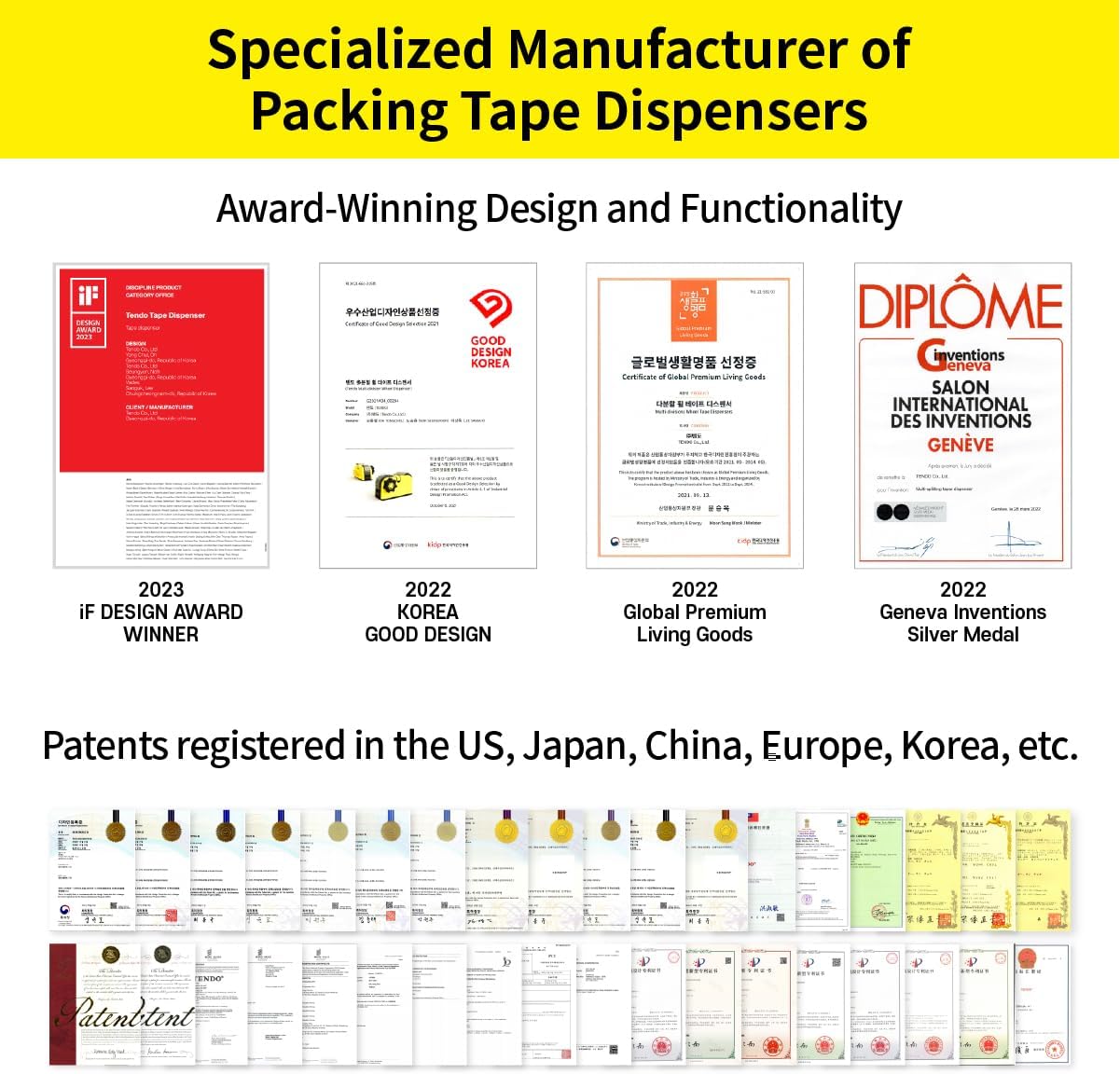 [TENDO°] Multi-Section Tape Dispenser ZO-508: Innovative Cutter for Custom Tape Width (Yellow)