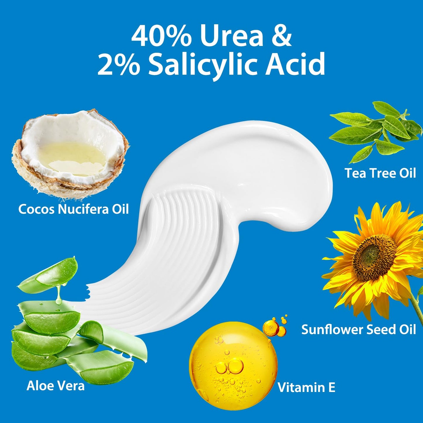 Urea Cream 40 Percent for Feet,40% Urea 2% Salicylic Acid Foot Cream,Foot Cream and Hand Cream with Cocos Nucifera Oil,Tea Tree,Aloe Vera,Vitamin E (5.29 OZ/150g)