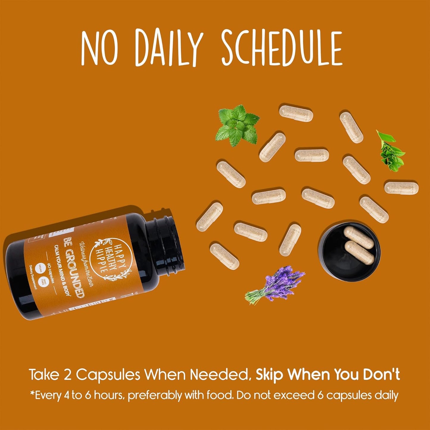 Happy Healthy Hippie Be Grounded Stress Relief Supplement – Lavender Pills | Promotes Calmness & Relaxation | Quick Acting | Magnesium Glycinate 100mg, L Theanine, Lemon Balm Leaf, | Herbal, 60 Ct