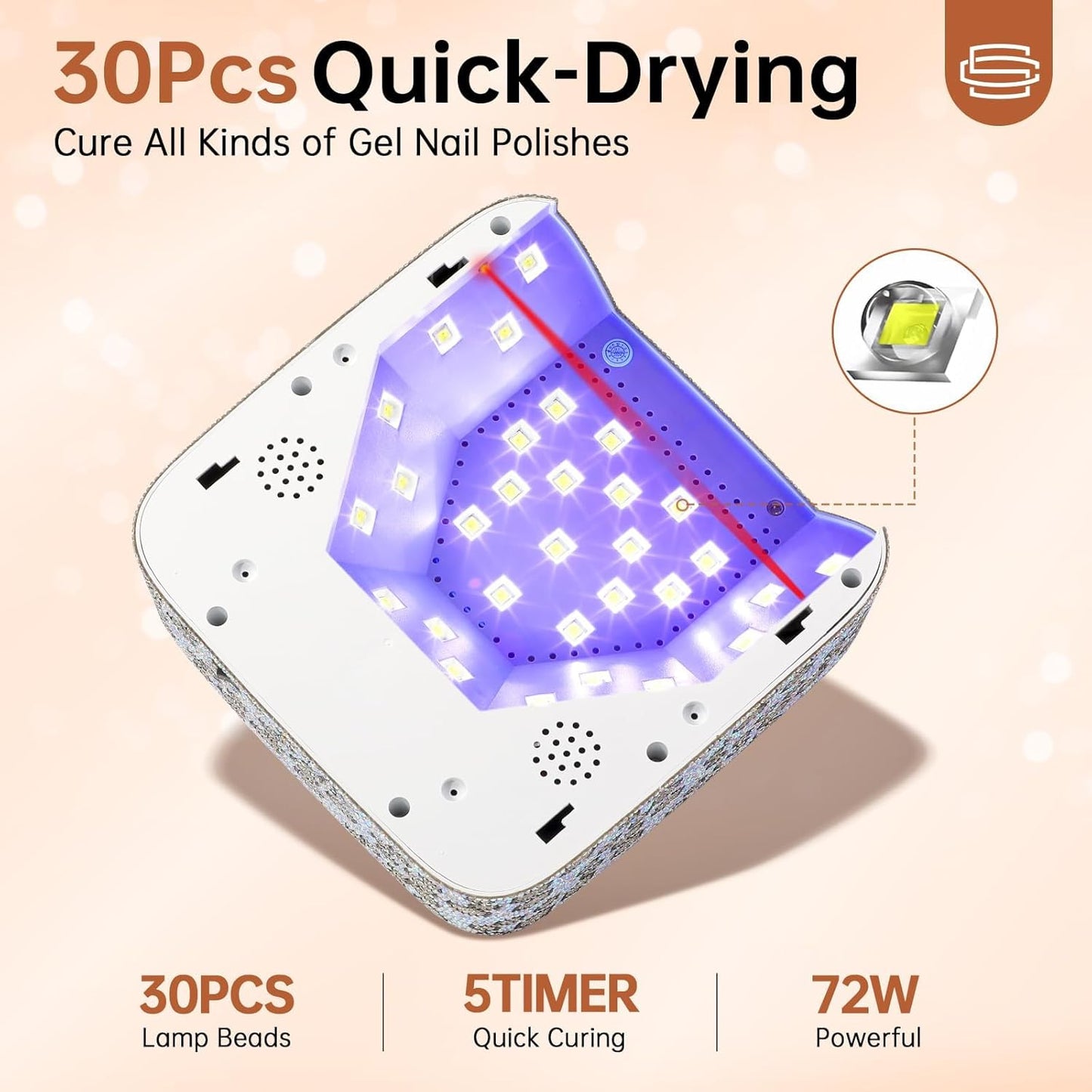 UV LED Nail Lamp 72W Rechargeable Sparkly Wireless Nail Dryer Gel Polish Light with 5 Timer Setting Professional Quick Dry Curing Lamp with Display Auto Sensor for Salon & Home