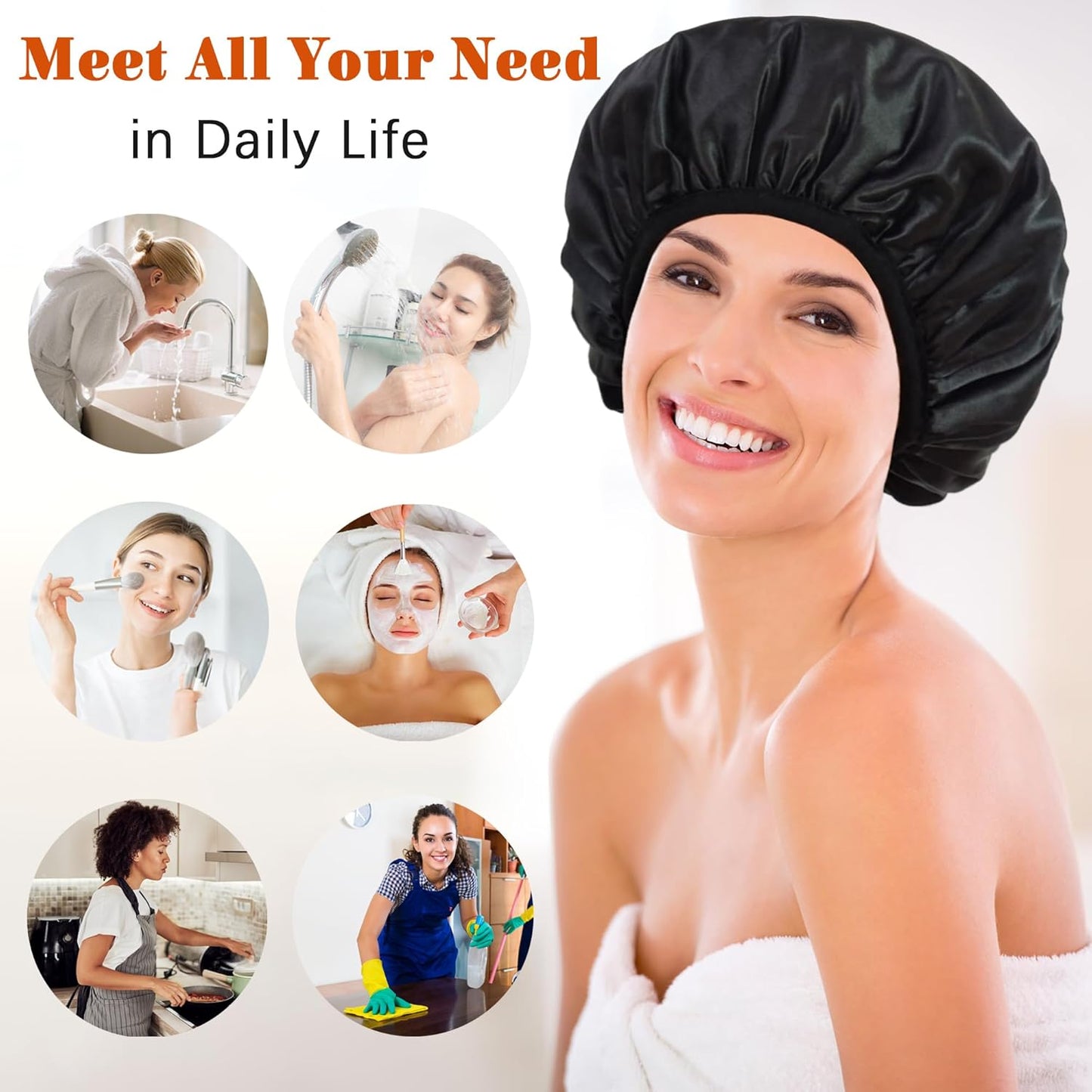 Shower Cap Reusable Waterproof, Terry Lined Shower Caps for Women, Triple Layer Hair Cap for Shower, Large Plastic Shower Cap for Braids Long Hair