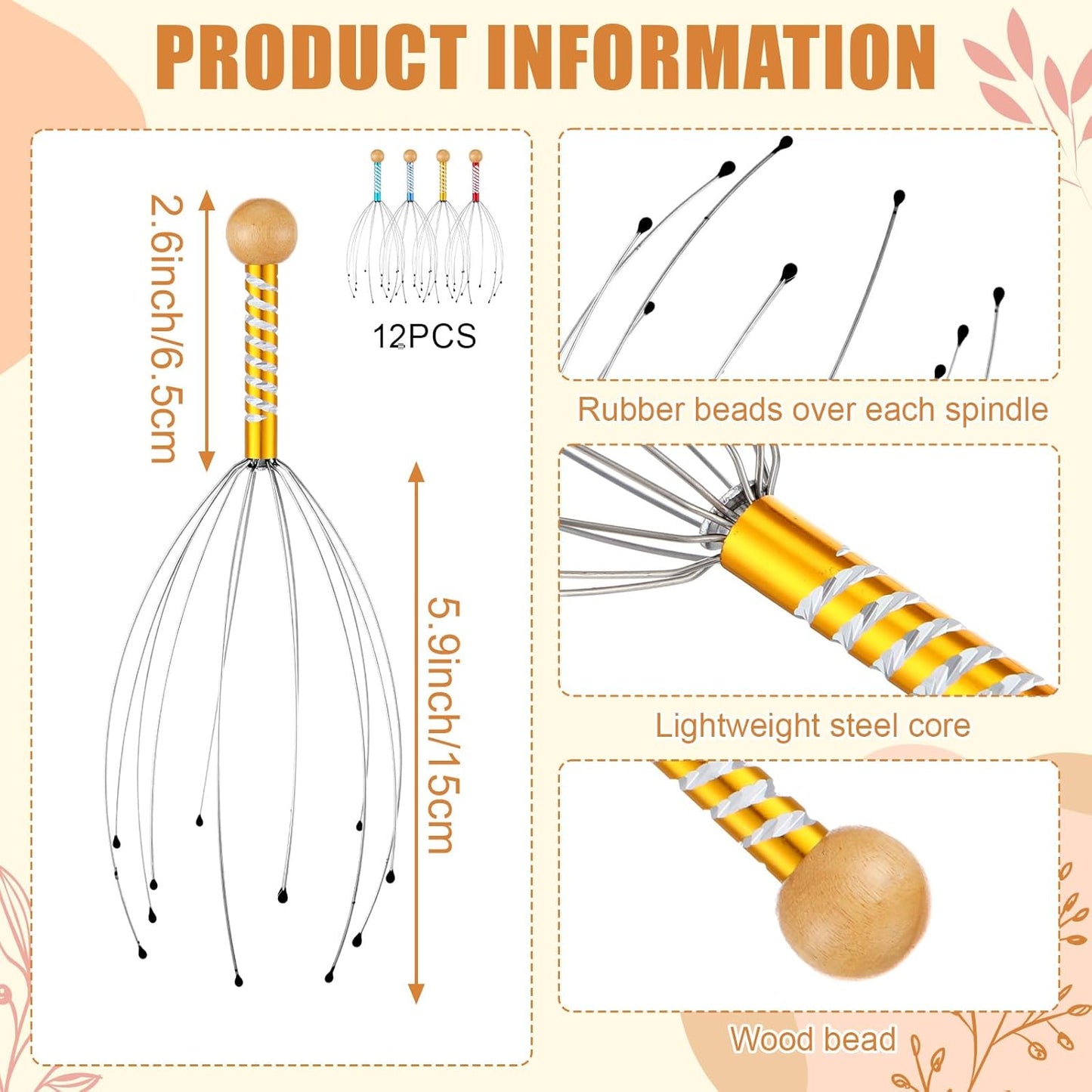 Geiserailie 48 Pack Head Scratcher Scalp Massagers, Extendable Back Scratchers, Four Point Massage Tools, Finger Massager Rings for Deep Relaxation Stress Relief Hair Stimulation Men Women Adult Gifts