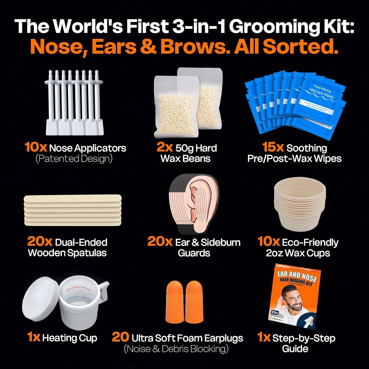 Nose Wax Kit for Men and Women | Ear Hair Removal Wax Kit & Eyebrow Waxing Kit | Prep & Aftercare Wipes | Ear Hair Remover for Men | At Home Waxing Kit | 99pc Accessories | No Microwave Needed