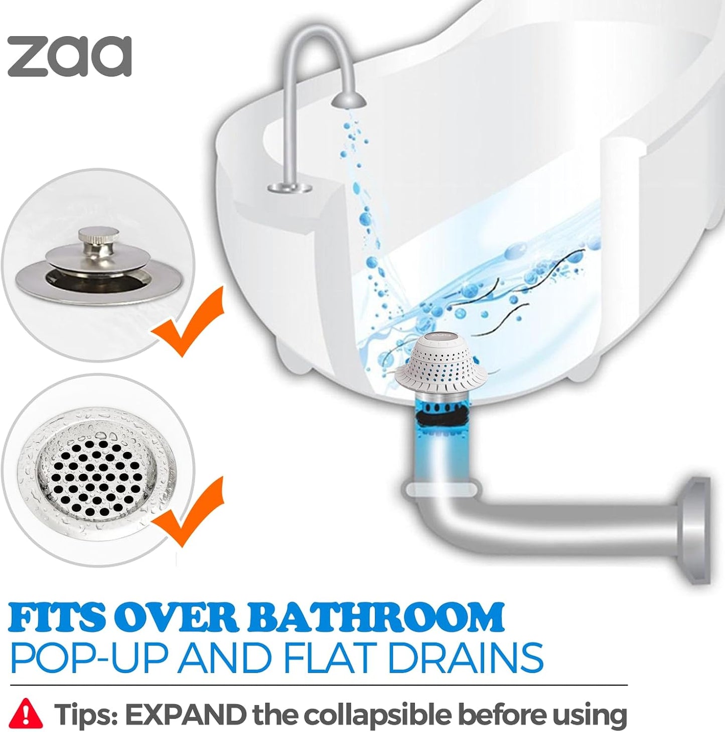 zaa Bathtub Drain Hair Catcher, Silicone Collapsible 1 Pack Drain Protector for Pop-Up and Regular Drains of Shower, Tub, Bathroom, Sink, Snow-White