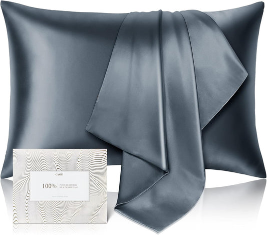 100% Pure Mulberry Silk Pillowcase for Hair and Skin - Allergen Resistant Dual Sides,600 Thread Count Silk Bed Pillow Cases with Hidden Zipper,1pc,Queen Size,Space Grey