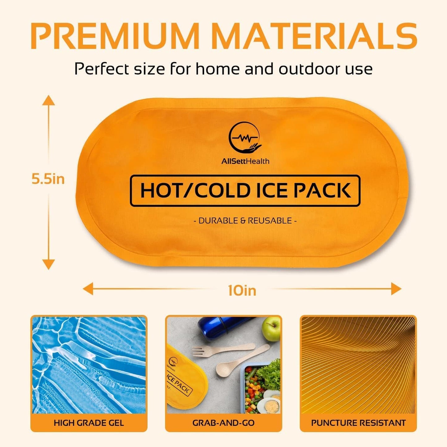 AllSett Health Reusable Hot and Cold Gel Ice Packs for Injuries | Cold Compress, Ice Pack, Gel Ice Packs, Cold Pack, ice Pack, Cold Packs for Injuries, 10.5 in Long x 5 in Wide, | 4 Pack Orange