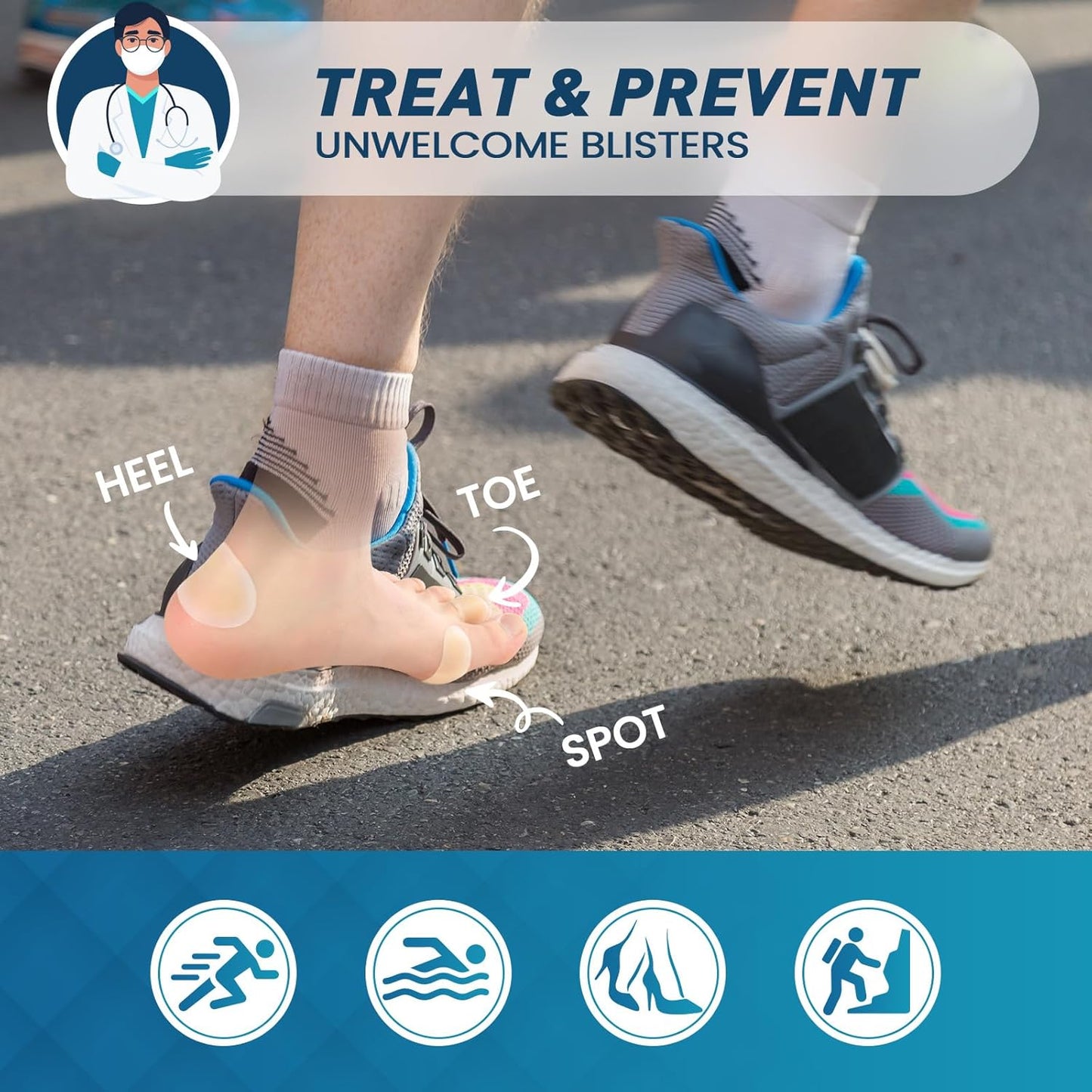 Hydrocolloid Blister Bandages for Feet - 30ct Gel Blister Bandages - Blister Cushions for Heel, Toe - Blister Prevention for Travel - Water Resistant Bandages Pads (Variety Pack)