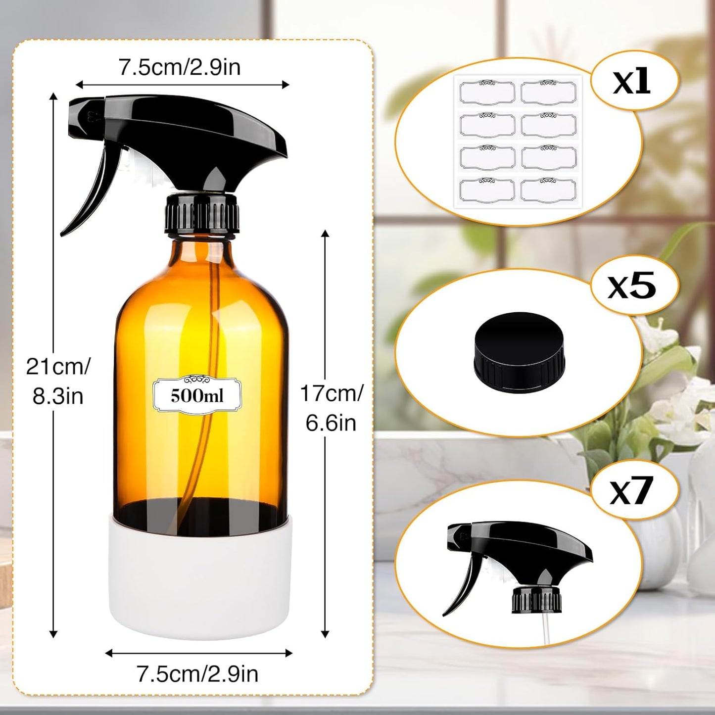 5 Pack/16 Oz Glass Spray Bottles, Refillable Empty Containers with Silicone Sleeve, Upgraded Adjustable Nozzle Spray Bottle Sets for Cleaning, Essential Oils, Hair (Amber)