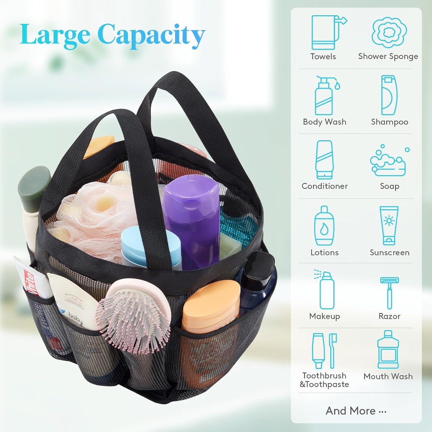 Lifewit Mesh Shower Caddy Freestanding Portable Shower Tote Bag for College Dorm, Bathroom, Gym, Travel, Quick Dry Hanging Organizer with 7 Storage Pockets for Toiletry Essentials, Large, Black