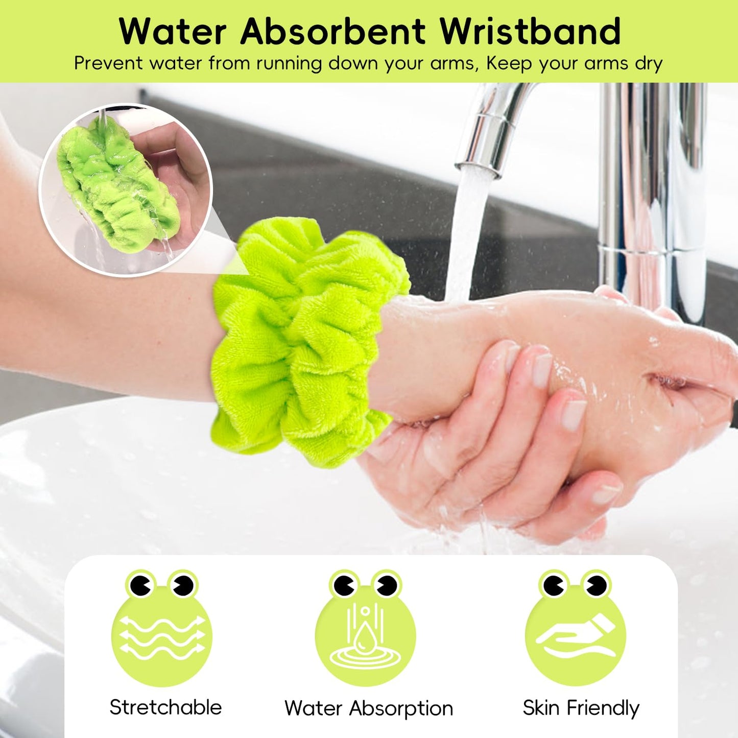 Face Wash Headband, Skincare Headband Wrist Bands For Washing Face Set Spa Hair Bands come with a Hair Scrunchie Cute Green Frog Elastic for Makeup Girls Women