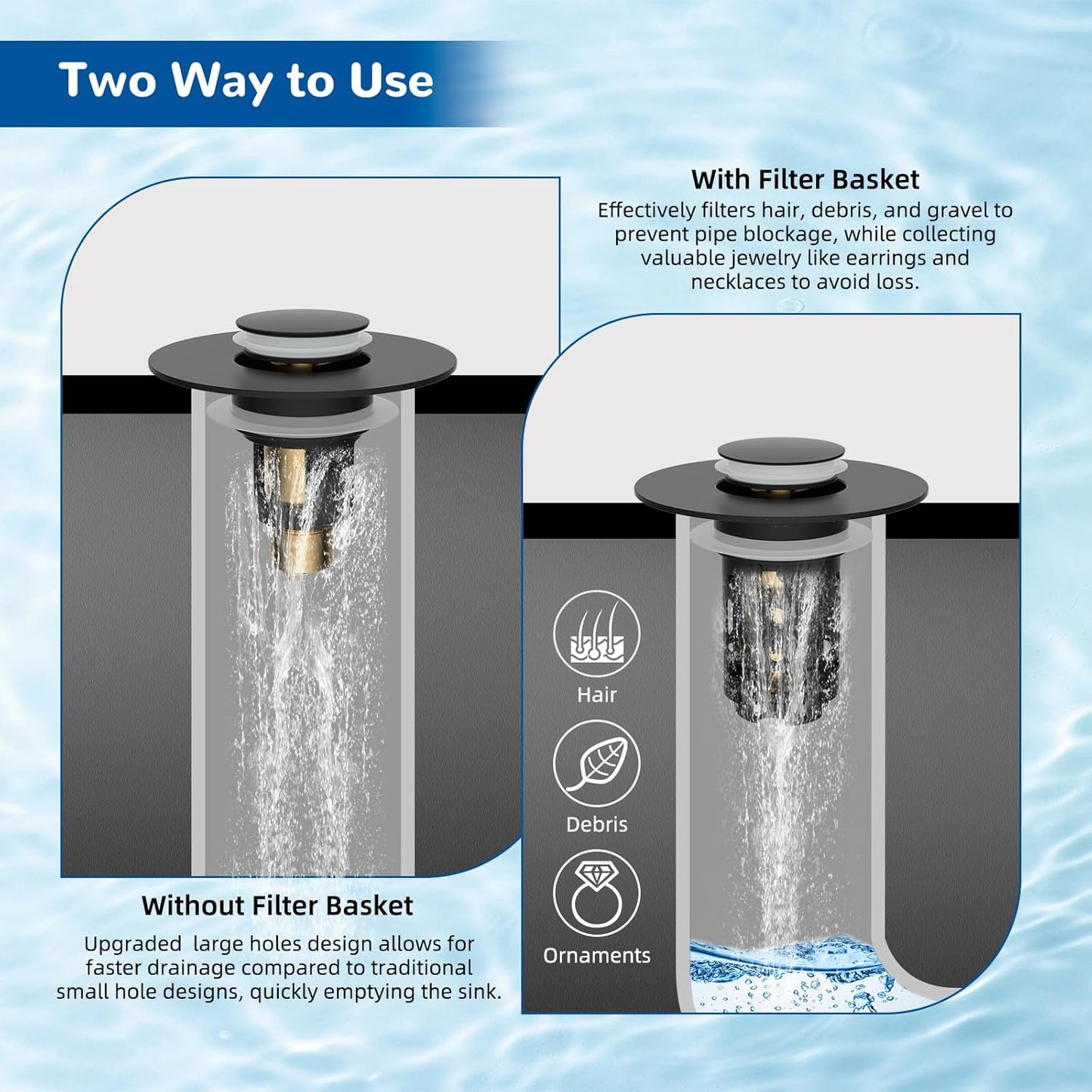 Hibbent Upgraded 3 in 1 Bathroom Sink Drain Strainer, Universal Pop Up Stopper, Removable Stainless Steel Filter Basket Hair Catcher, Sink Plug for 1.1''~2.36'' Basin, Brass Bullet Core, Matte Black