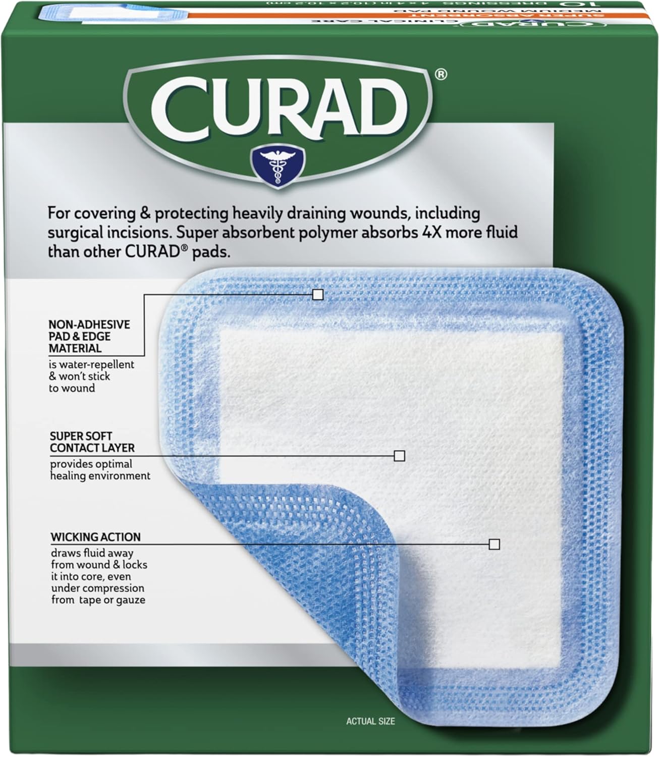 Curad Super Absorbent Wound Pad, Medium, 4" x 4", 10 Count