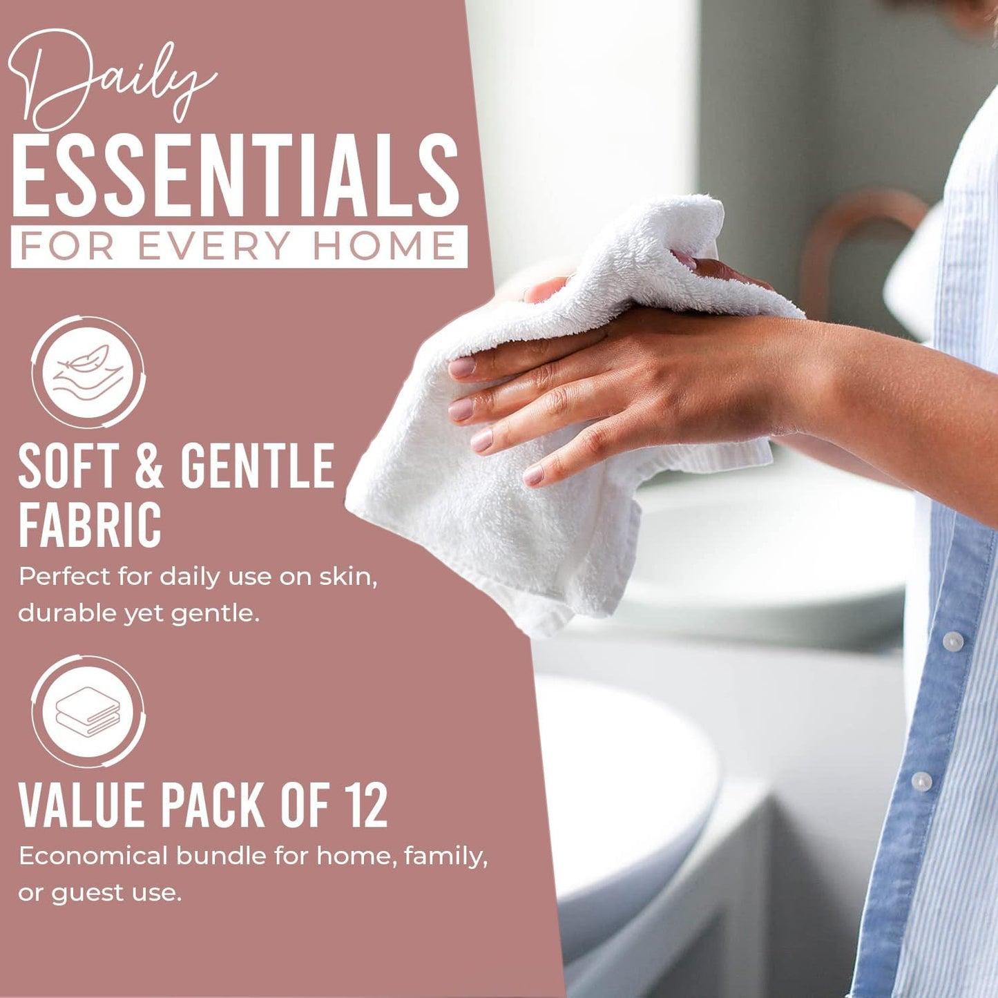 DAN RIVER 100% Cotton Wash Cloths 12 Pack [12x12] Soft & Absorbent wash Cloths for Bathroom, Gym, Hotels & Spa Perfect for Everyday Use Fingertip Towels, Dusty Pink
