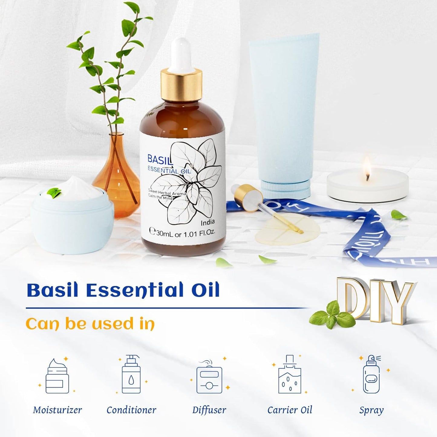 HIQILI 1 Fl Oz Basil Essential Oil, 100% Pure Undiluted for Skin, Diffuser - 30ml
