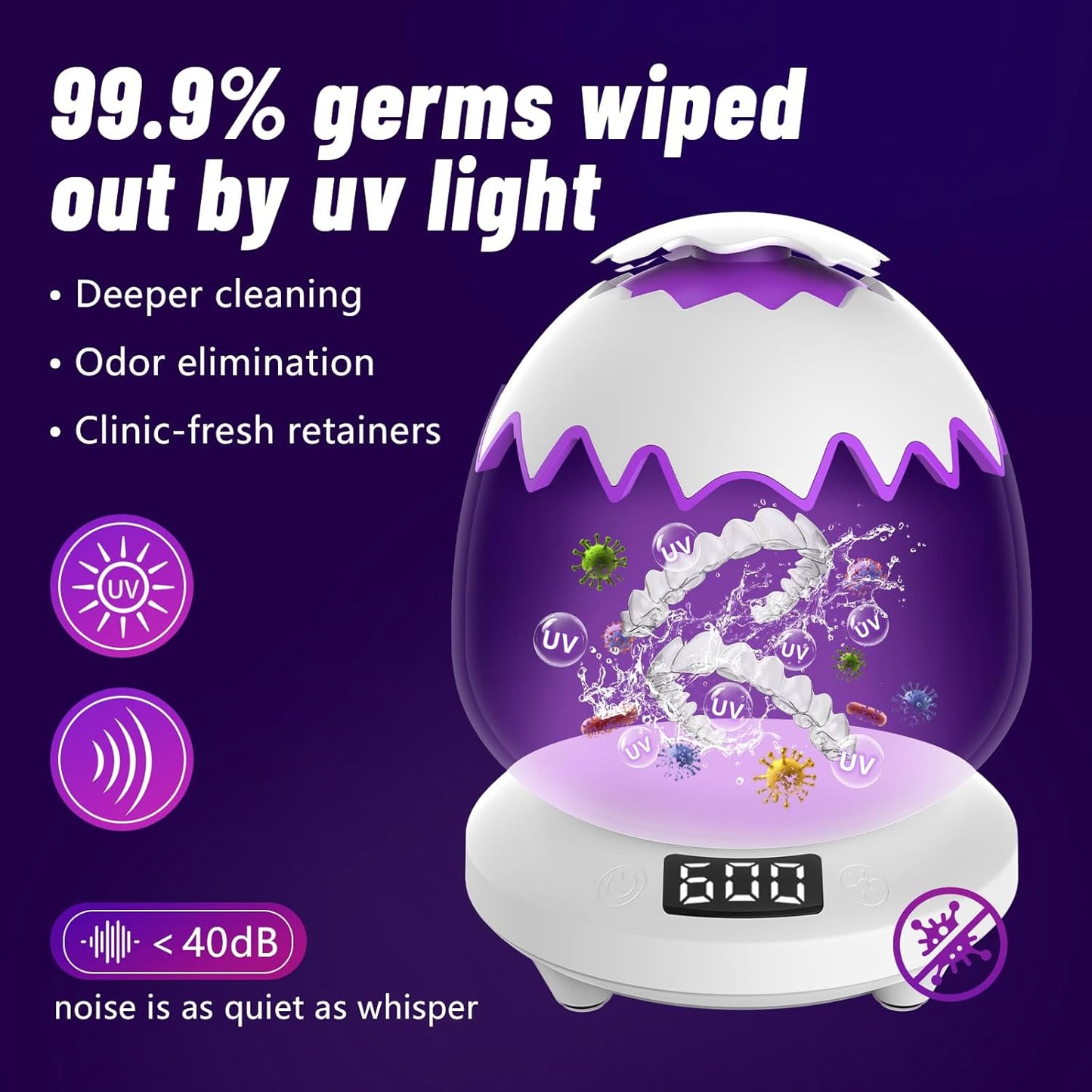 Ultrasonic Retainer Cleaner Machine for Dentures | 45kHz Dental Cleaning Pod for Mouth Guards, Aligner, Nightguard, Braces, Jewelry | 3 Timer Modes Denture Cleaner- Cooling Fan & Split-Design