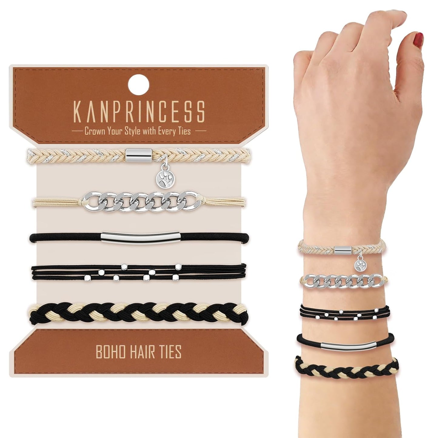 Hair Tie Bracelet, 5 Pcs Boho Hair Ties For Girls and Women, Elastic Hair Ties, Hair Bands For Ponytails, Ponytail Holder For Daily Life, Sport, Cooking, Working (Set 11)