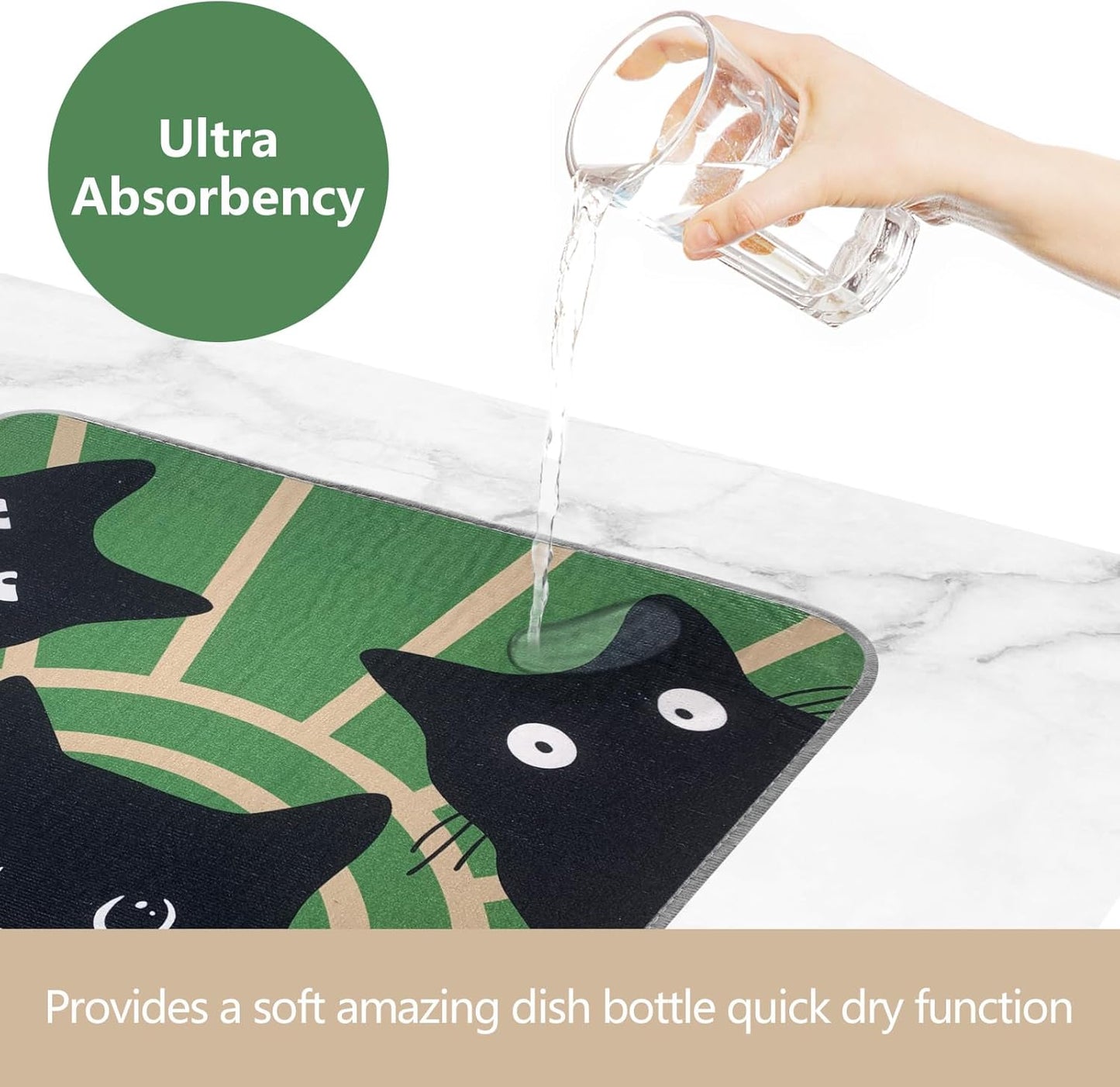 SHIYUE Dish Drying Mat for Kitchen Counter Super Absorbent Spring Kitchen Decor Microfiber Drying Matainers Rack Fast Pad Dish Drainer Mats(Three Cats,18''x24'')