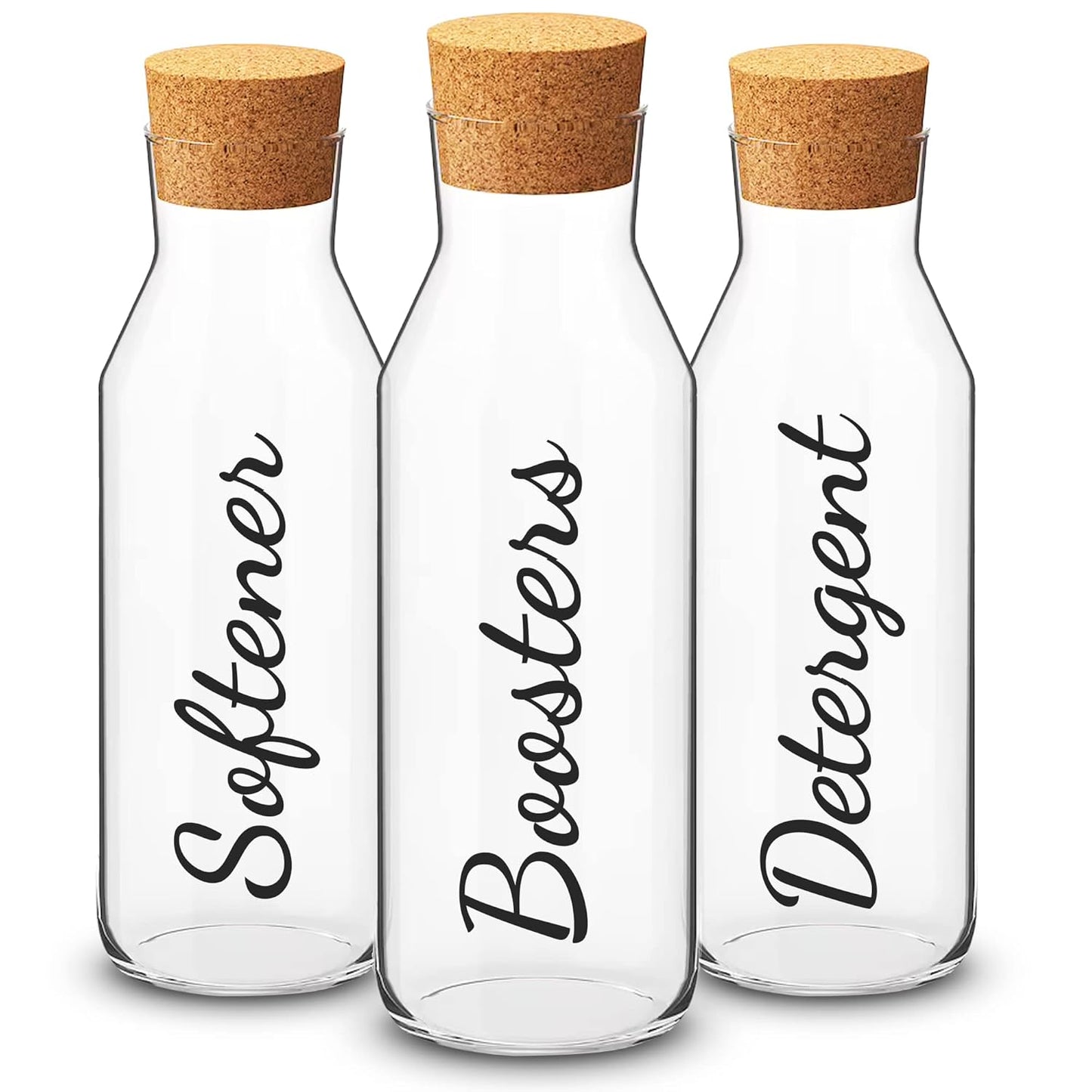 GPG Glass & Cork Storage Jars | 3Pcs Set Kitchen Storage Glass Bottles with Cork Stopper | 1L Softener Detergent Boosters (Set A, Font D)