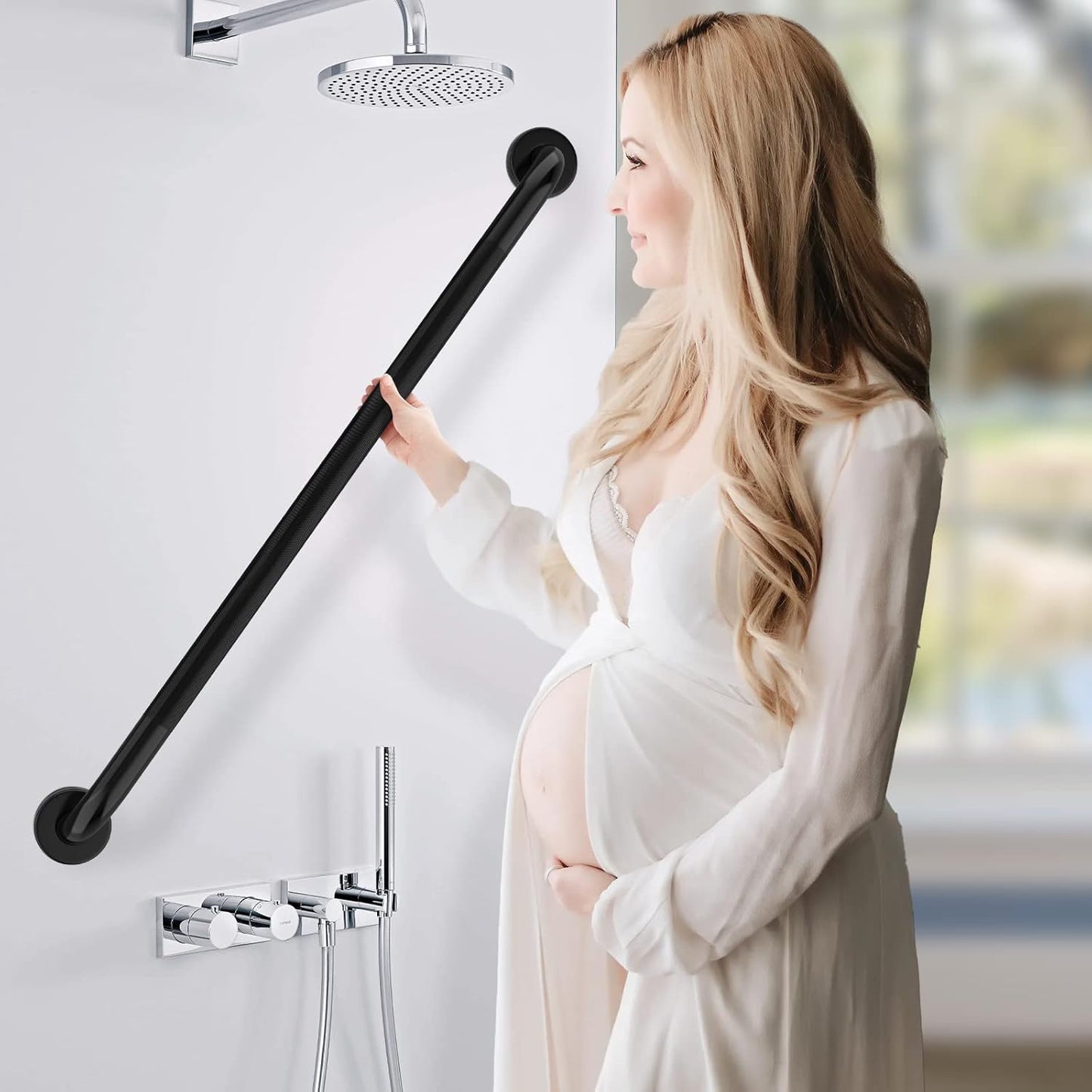 Black Shower Grab Bar w/Anti-Slip Knurled Grip 36 Inch, Zepolu Stainless Steel Bathroom Handicap Grab Bars, Safety Bar Balanced Handrail, Handicap Injury Elderly Senior Assist Support Shower Handle