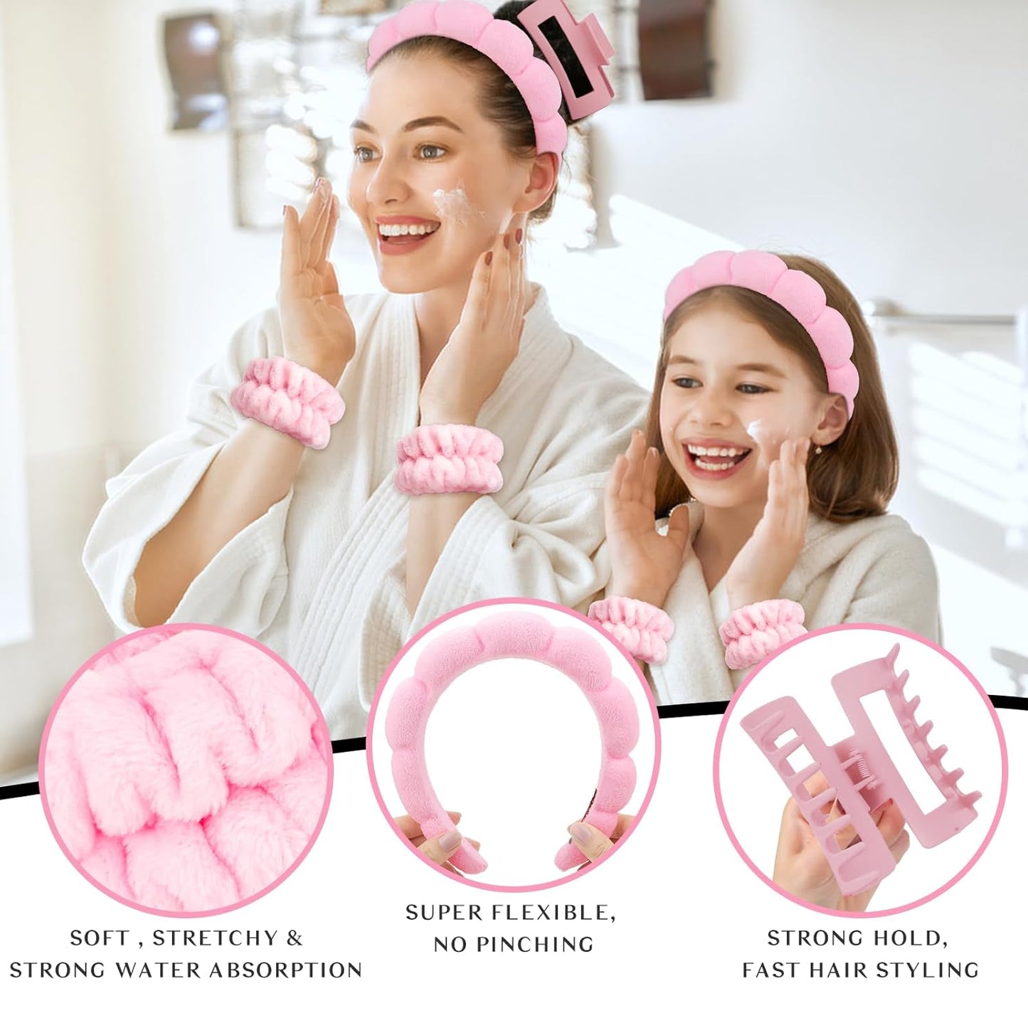 Wecoe Pink and Black Spa Set - Headband and Wristband for Face Washing, Thick Hair, Cute Puffy Sponge Bubble Makeup Headband, Wrist Towels, Scrunchies for Women & Girls