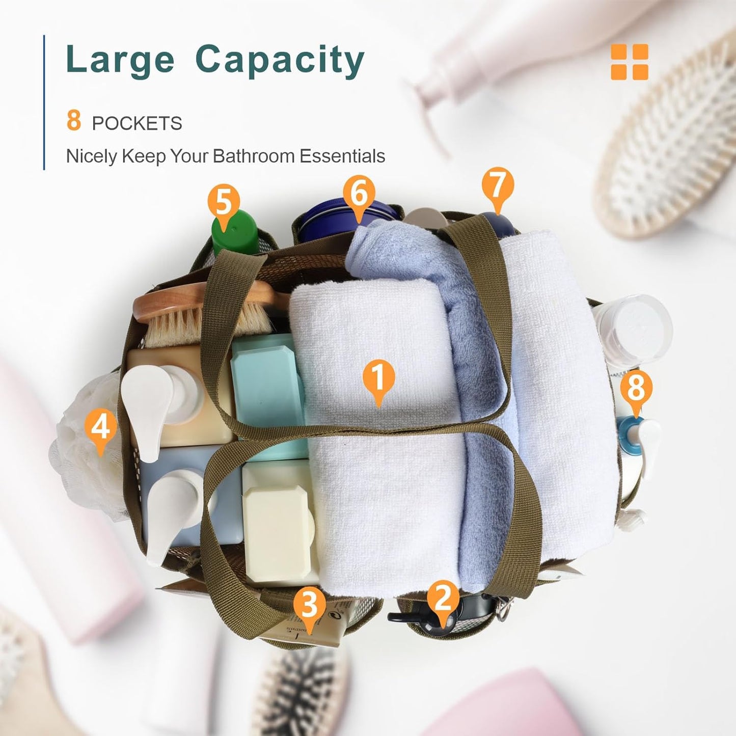 F-color Shower Caddy Portable - Mesh Shower Bag Basket Tote for College Dorm Room Essentials Bathroom Gym Camp Quick Dry for Women Men with S Hook, Brown Camouflage