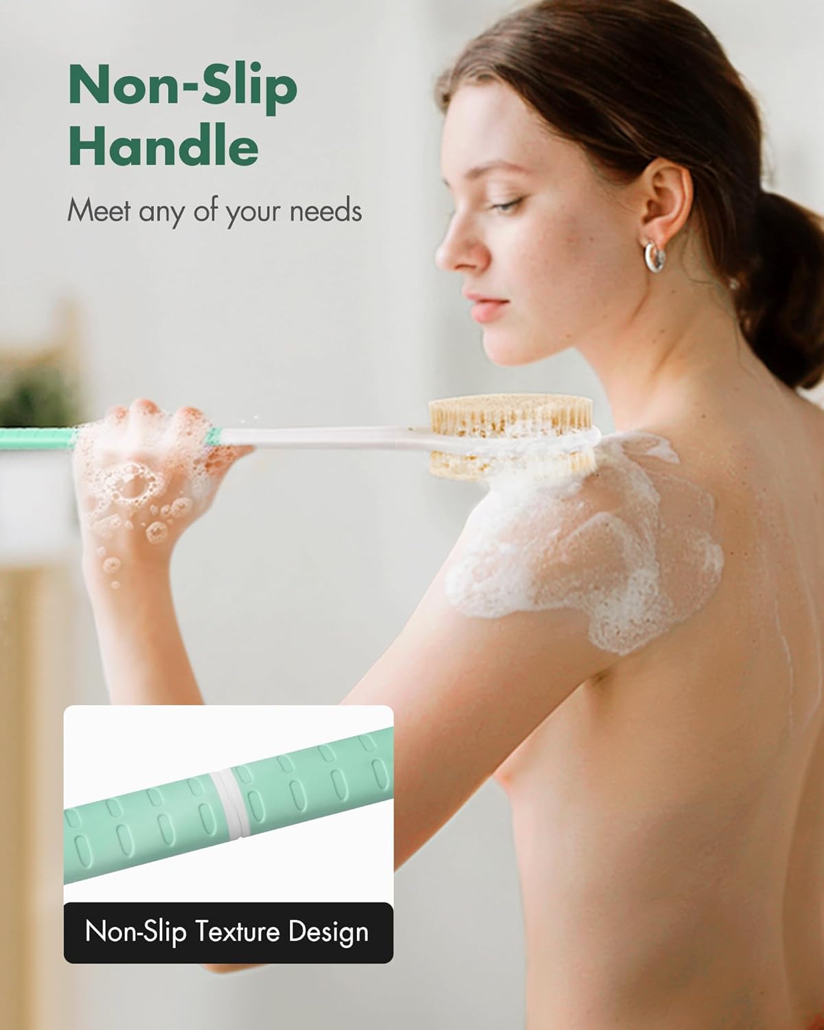 Back Scrubber Body Shower Brush: Anti Slip Long Handle Bath Brush with Stiff and Soft Bristles - Showering Exfoliator Wet or Dry Brushing for Women, Men, Elderly (Mint Green)