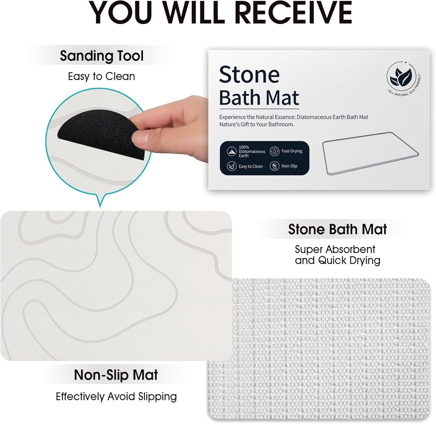 Stone Bath Mat Diatomaceous Earth Shower Mat Non-Slip Super Absorbent Diatomite Stone Mats for Bathroom Floor/Ktichen Cuonter Quick-Drying Easy to Clean (24''*16''White)